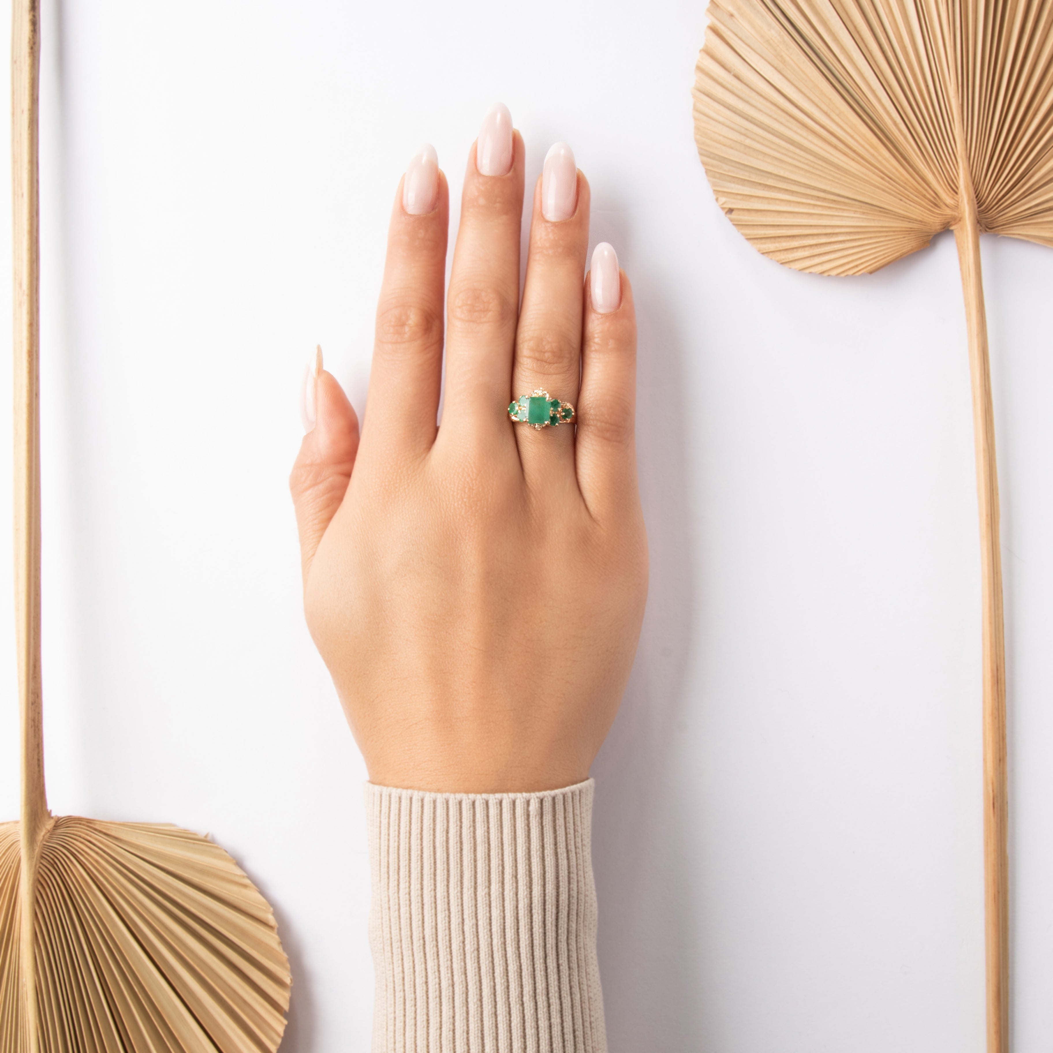 Vintage 14k Rosy Yellow Gold 1.62cttw Emerald Ornate Glowing Cluster Ring - On model view