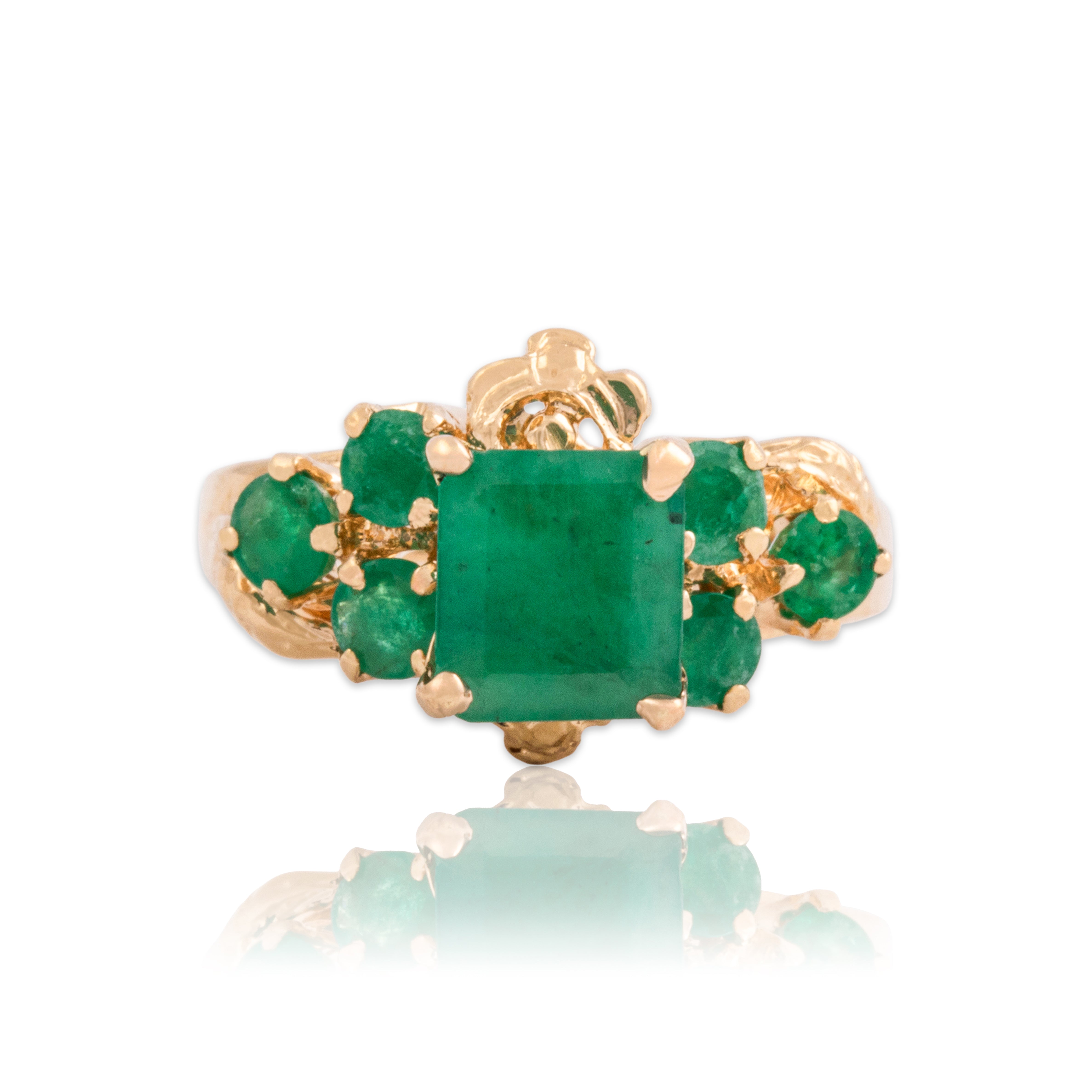 Vintage 14k Rosy Yellow Gold 1.62cttw Emerald Ornate Glowing Cluster Ring 7.25