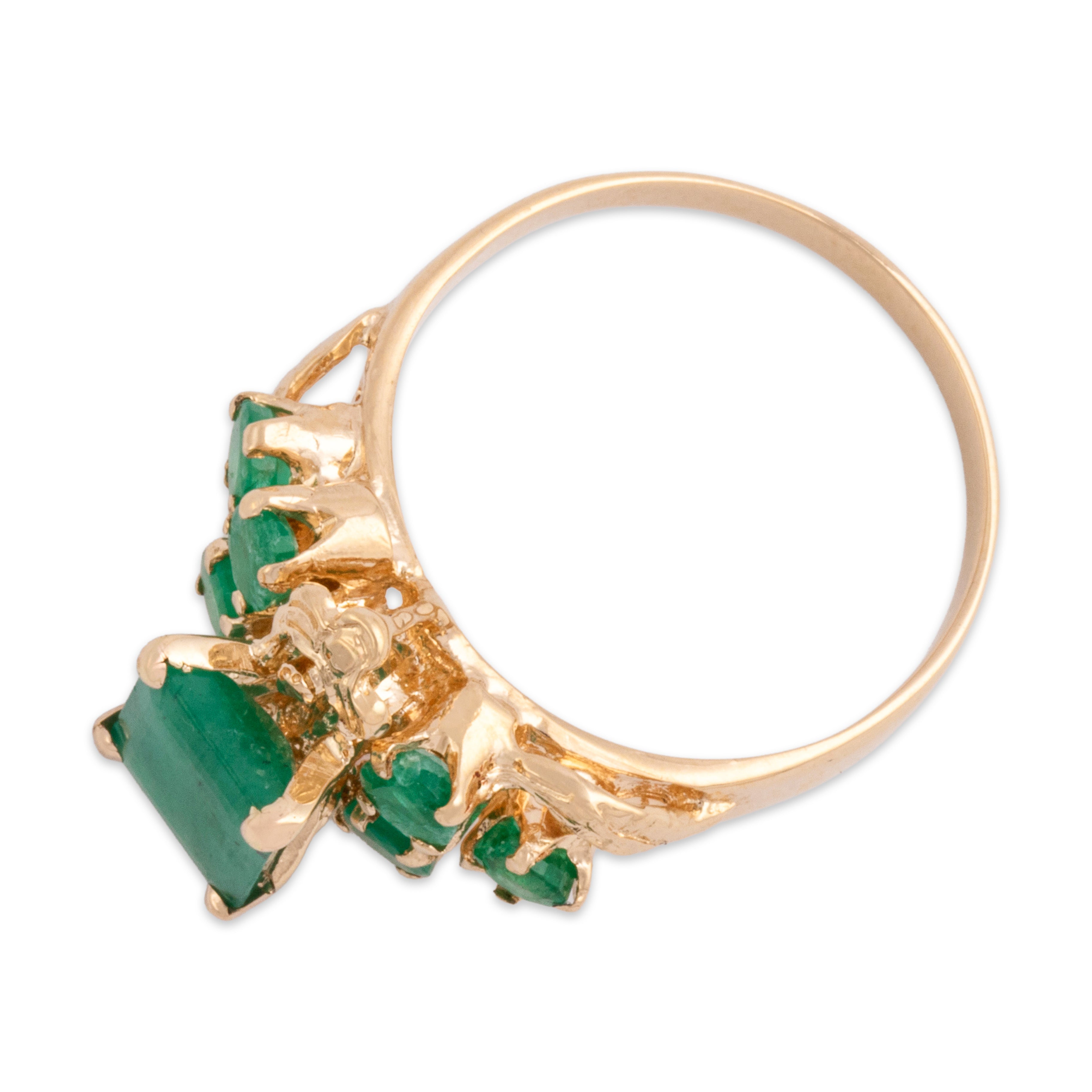 Vintage 14k Rosy Yellow Gold 1.62cttw Emerald Ornate Glowing Cluster Ring - Overall view