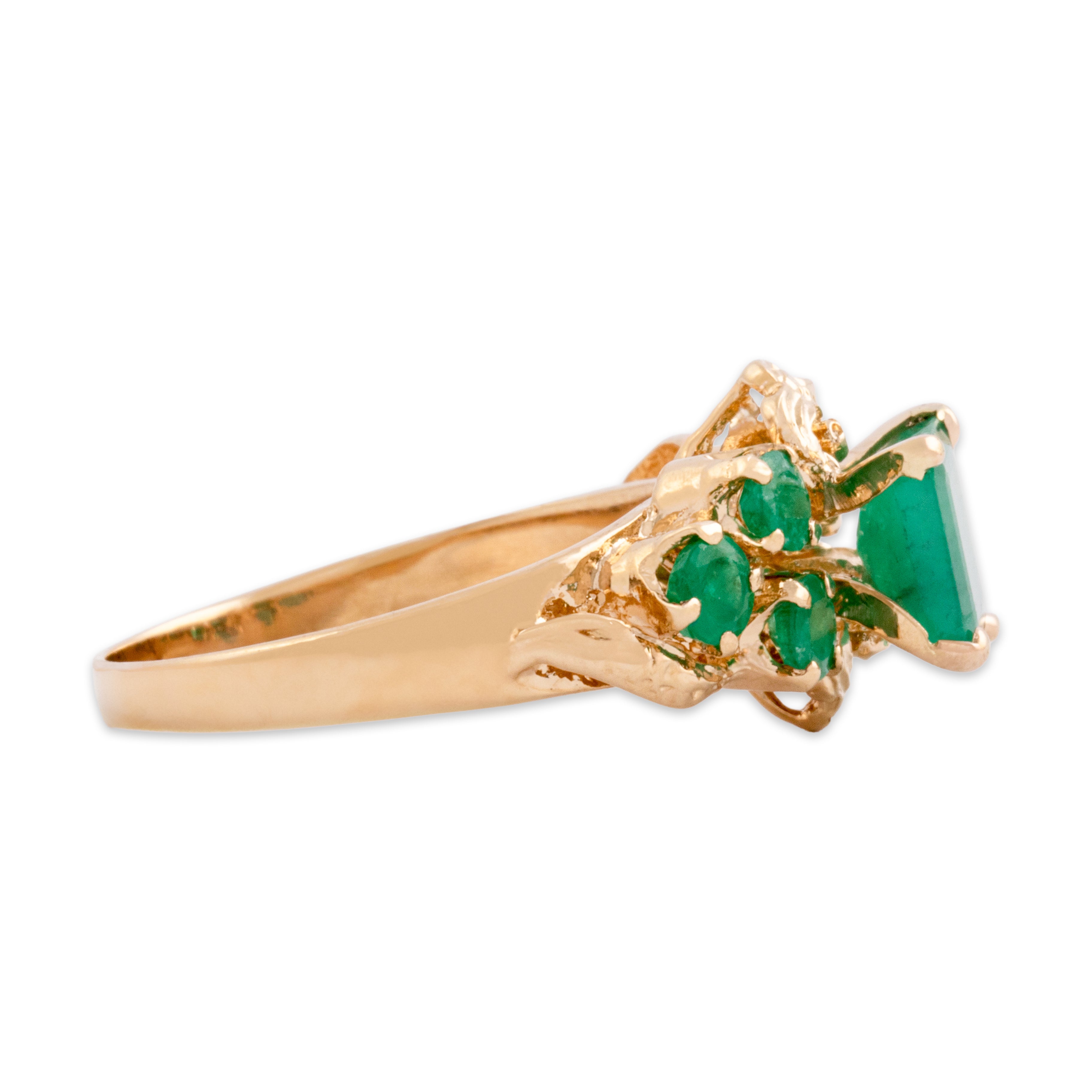 Vintage 14k Rosy Yellow Gold 1.62cttw Emerald Ornate Glowing Cluster Ring 7.25