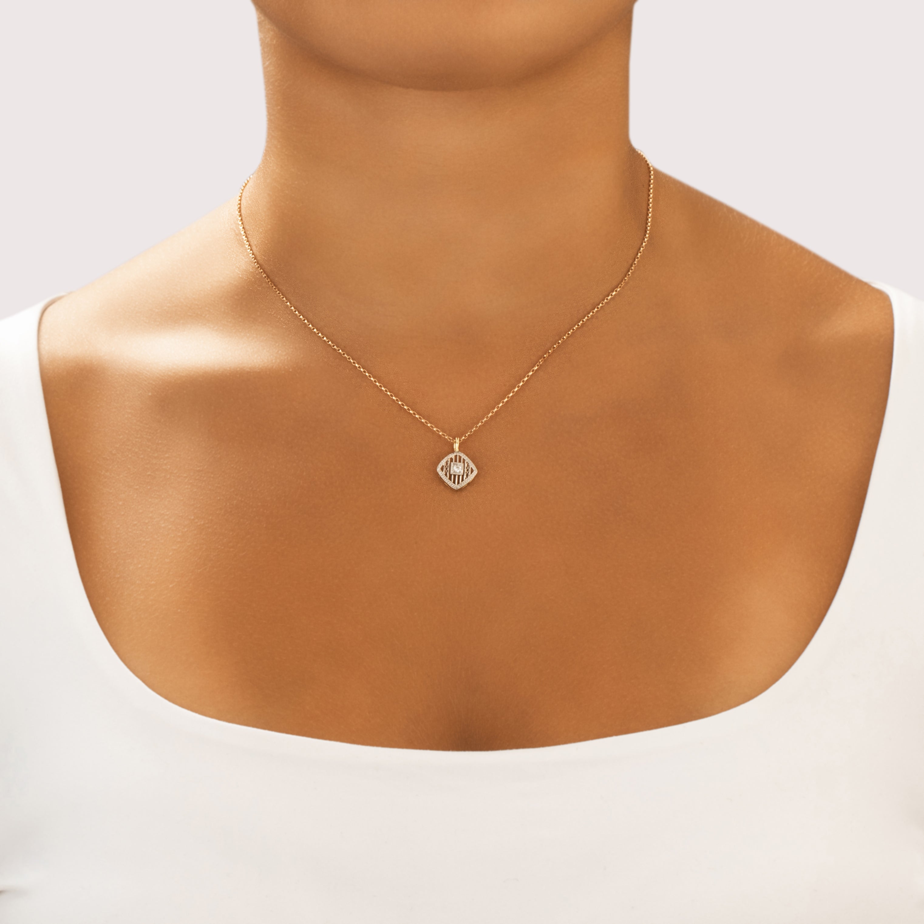 Antique Art Deco 14k Yellow Gold & Platinum Old European Diamond Openwork Pendant