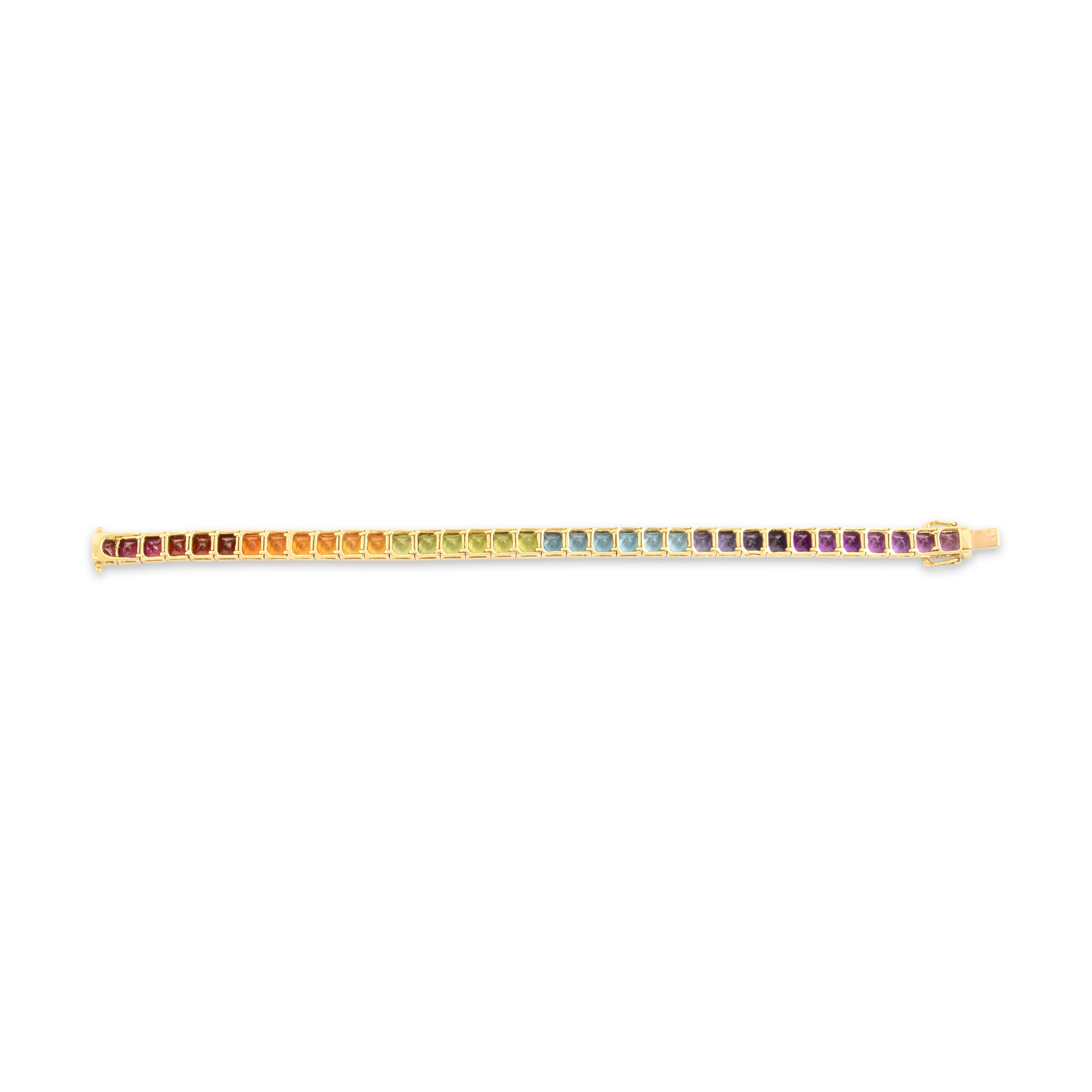 Vintage 18k Yellow Gold 4.71cttw Pink Red Garnet 4.53cttw Blue Topaz 4.17cttw Peridot 3.73cttw Amethyst 3.29cttw Citrine 1.94cttw Iolite Stunning Rainbow Line Bracelet - Back view