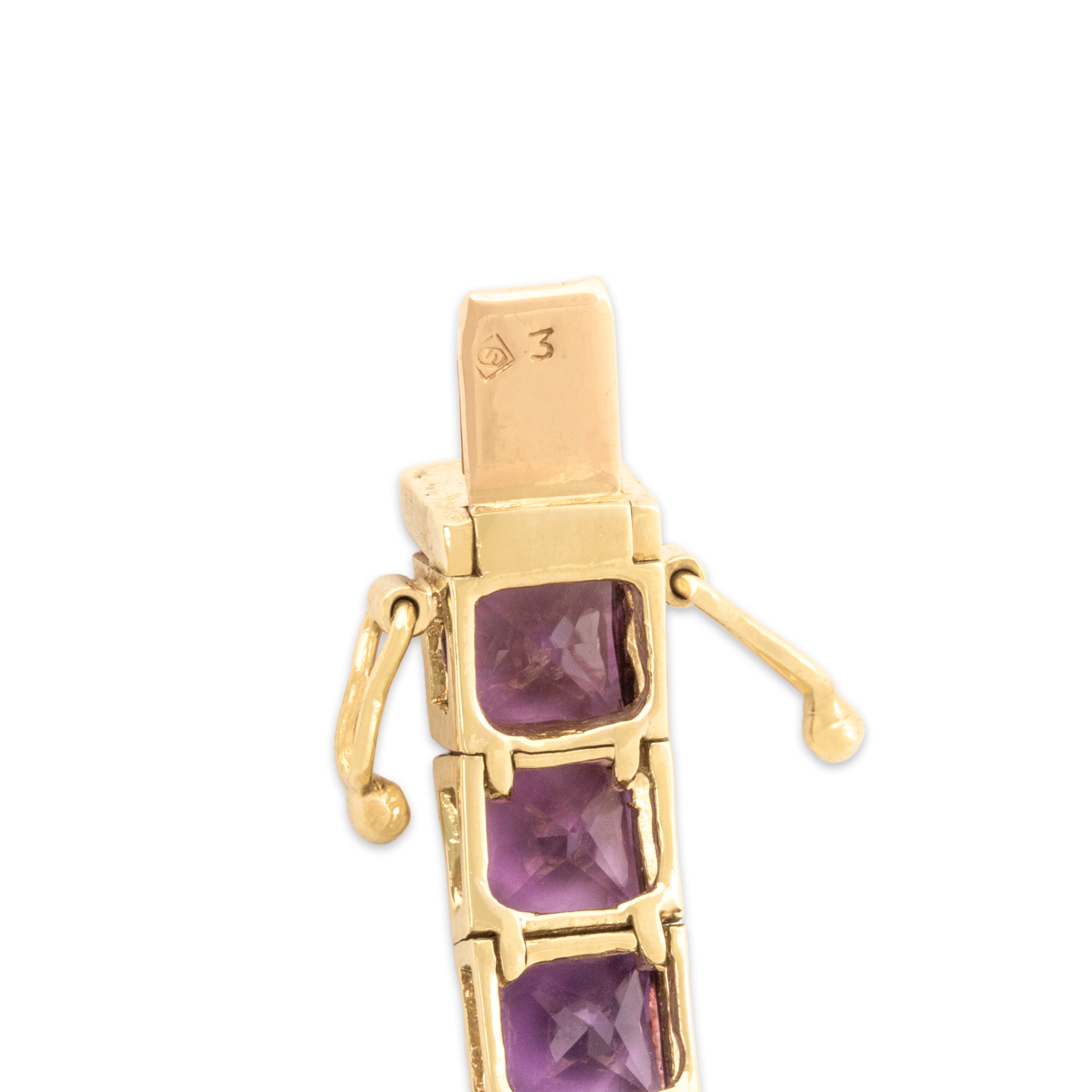 Vintage 18k Yellow Gold 4.71cttw Pink Red Garnet 4.53cttw Blue Topaz 4.17cttw Peridot 3.73cttw Amethyst 3.29cttw Citrine 1.94cttw Iolite Stunning Rainbow Line Bracelet - Hallmark view