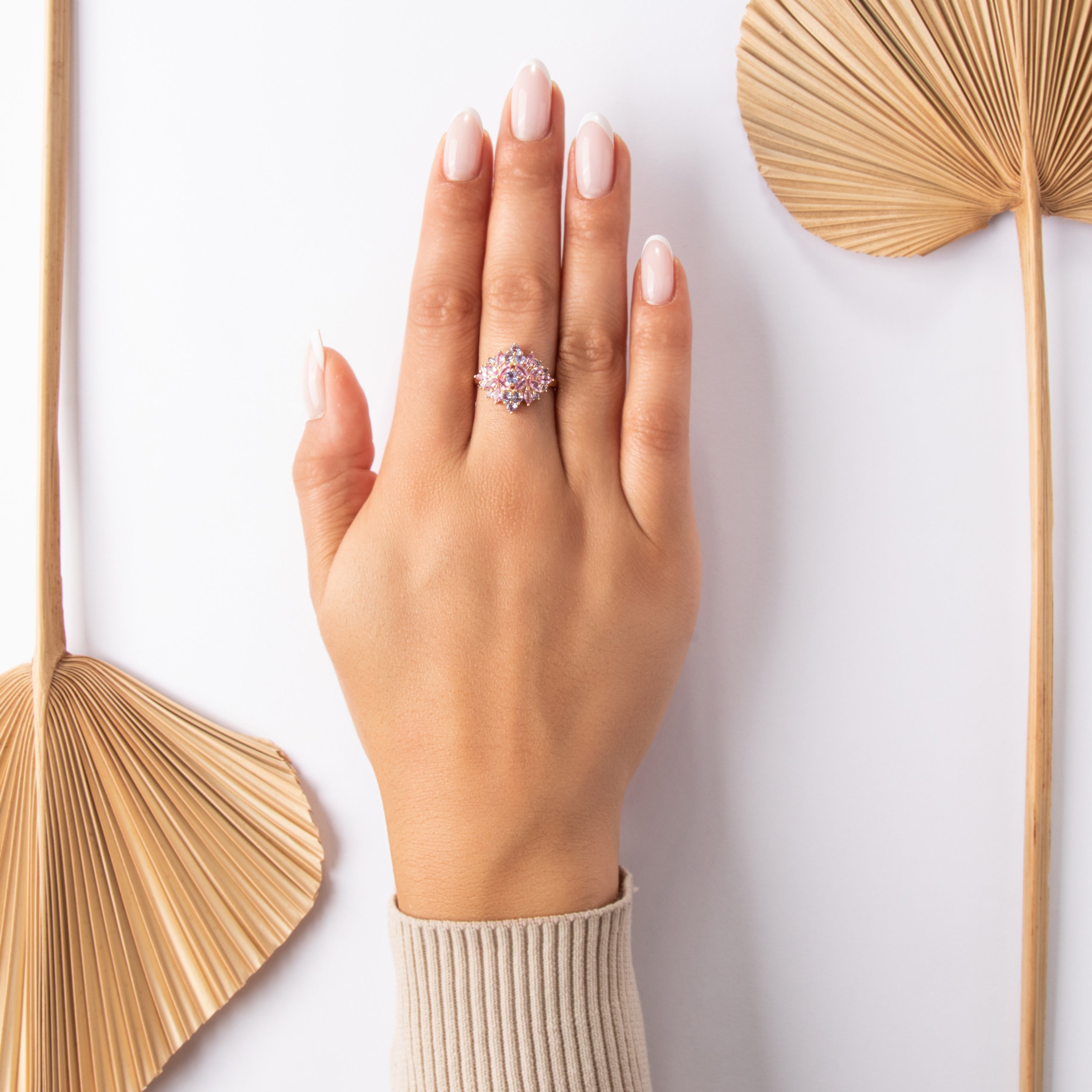 Vintage 14k Yellow Gold .8cttw Pink Sapphire .52cttw Tanzanite Pastel Floriform Cluster Ring - On model view