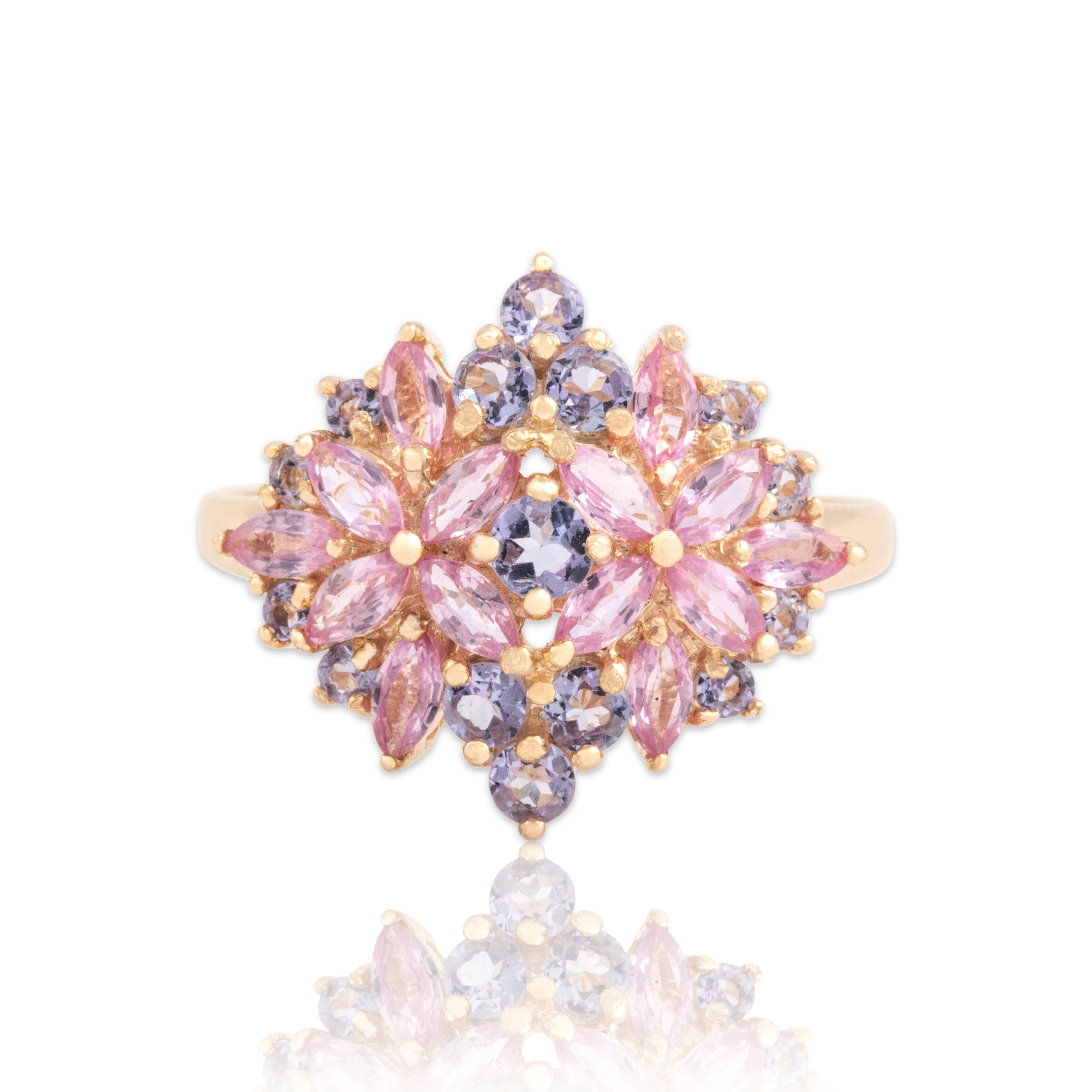 Vintage 14k Yellow Gold .8cttw Pink Sapphire .52cttw Tanzanite Pastel Floriform Cluster Ring - Close-up view