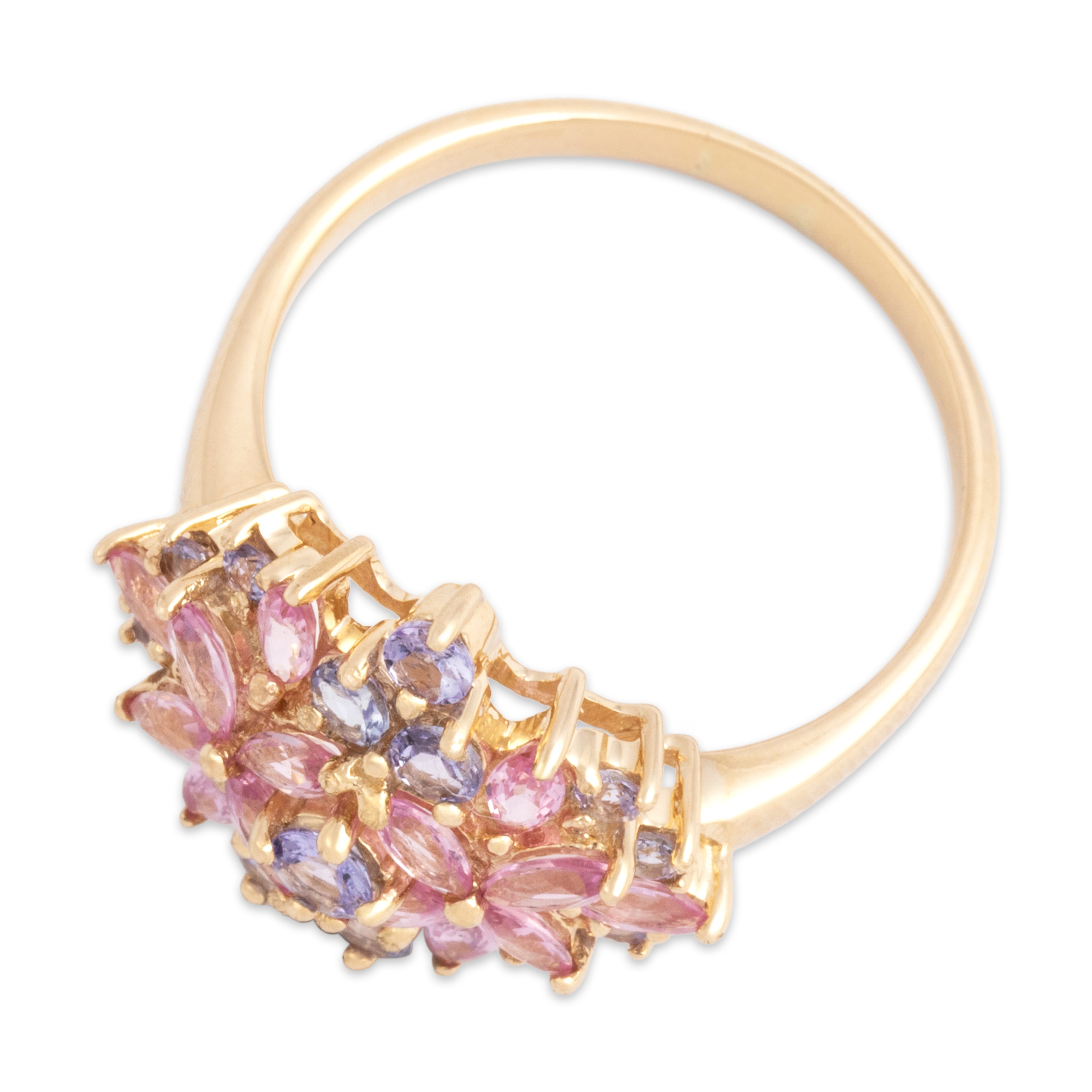 Vintage 14k Yellow Gold .8cttw Pink Sapphire .52cttw Tanzanite Pastel Floriform Cluster Ring - Overall view