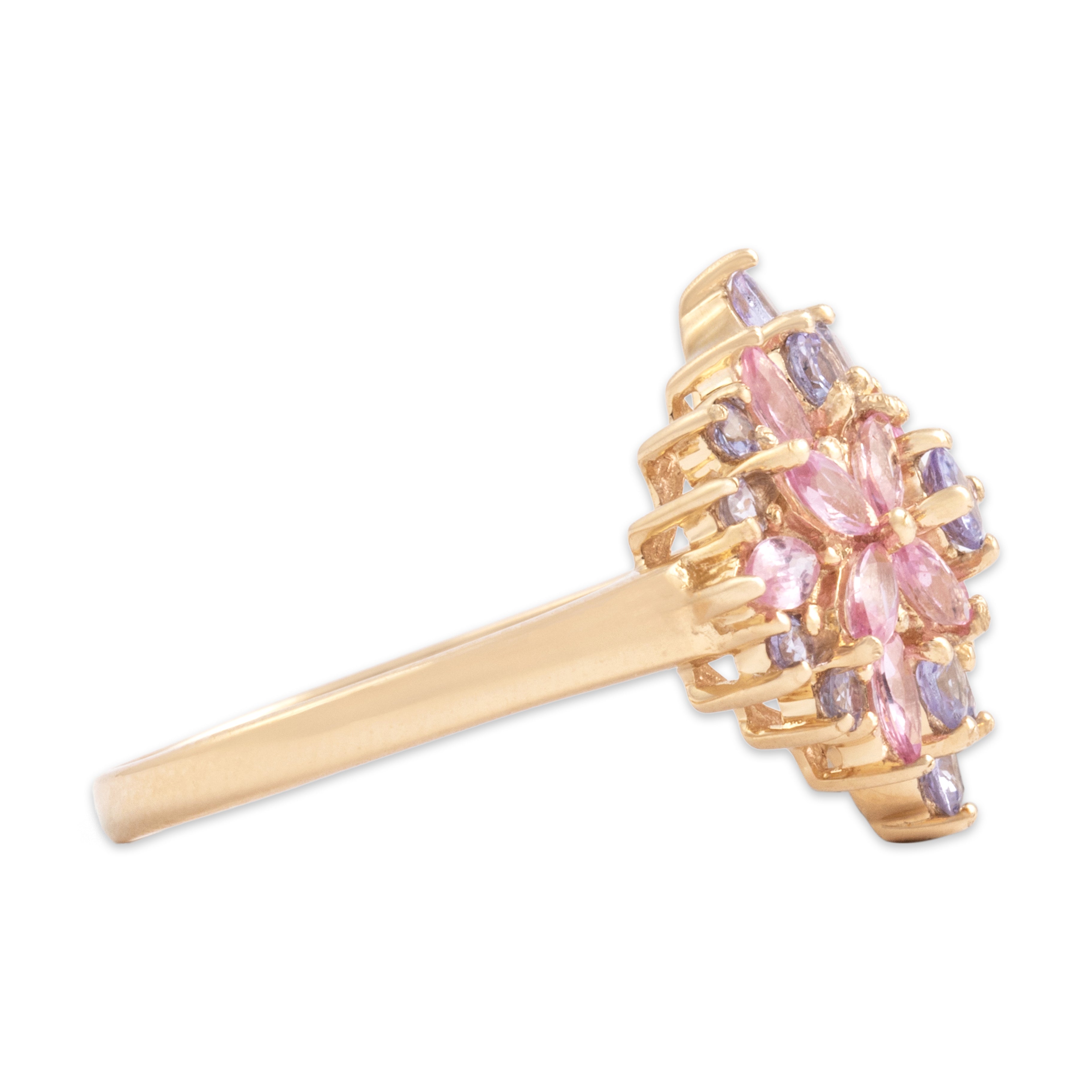 Vintage 14k Yellow Gold .8cttw Pink Sapphire .52cttw Tanzanite Pastel Floriform Cluster Ring - Side view