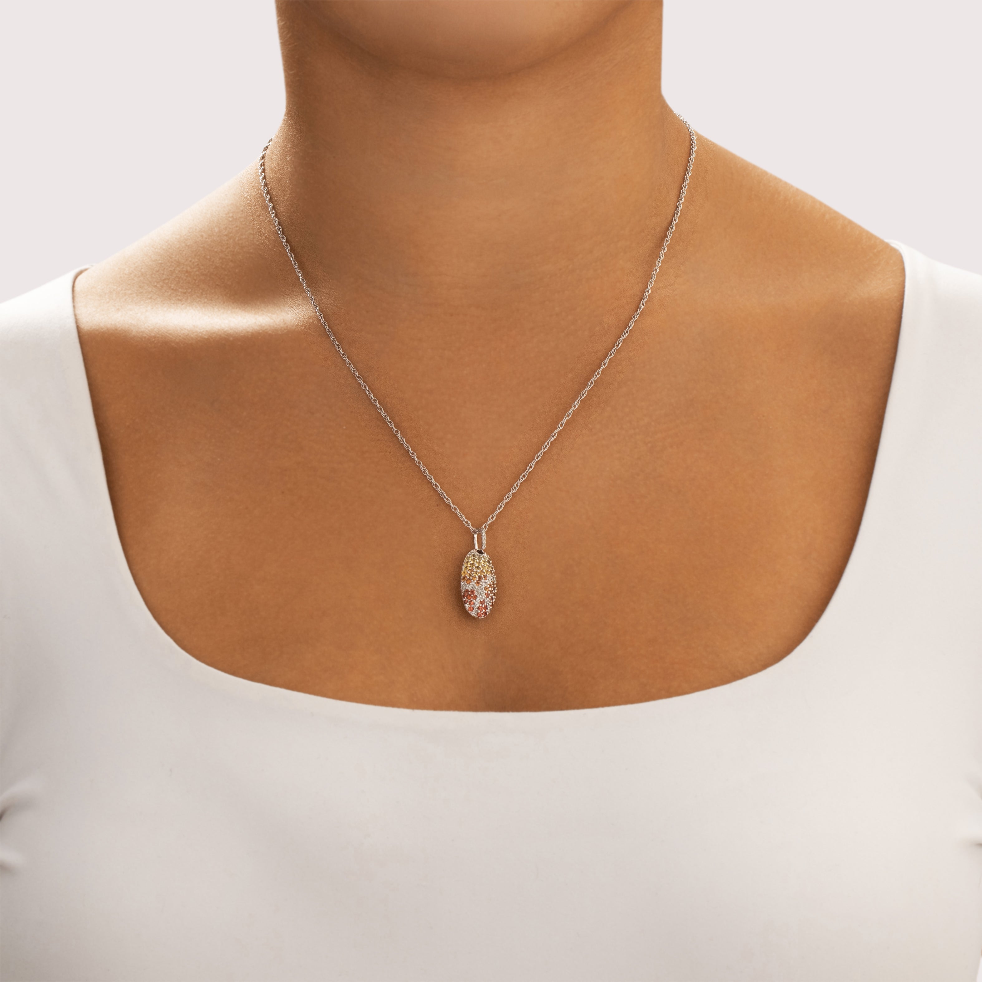 Estate 14k White Gold .65cttw Yellowish Green Orange Yellow Orange-Yellow Sapphire Diamond Sunset Ombré Pendant - On model view