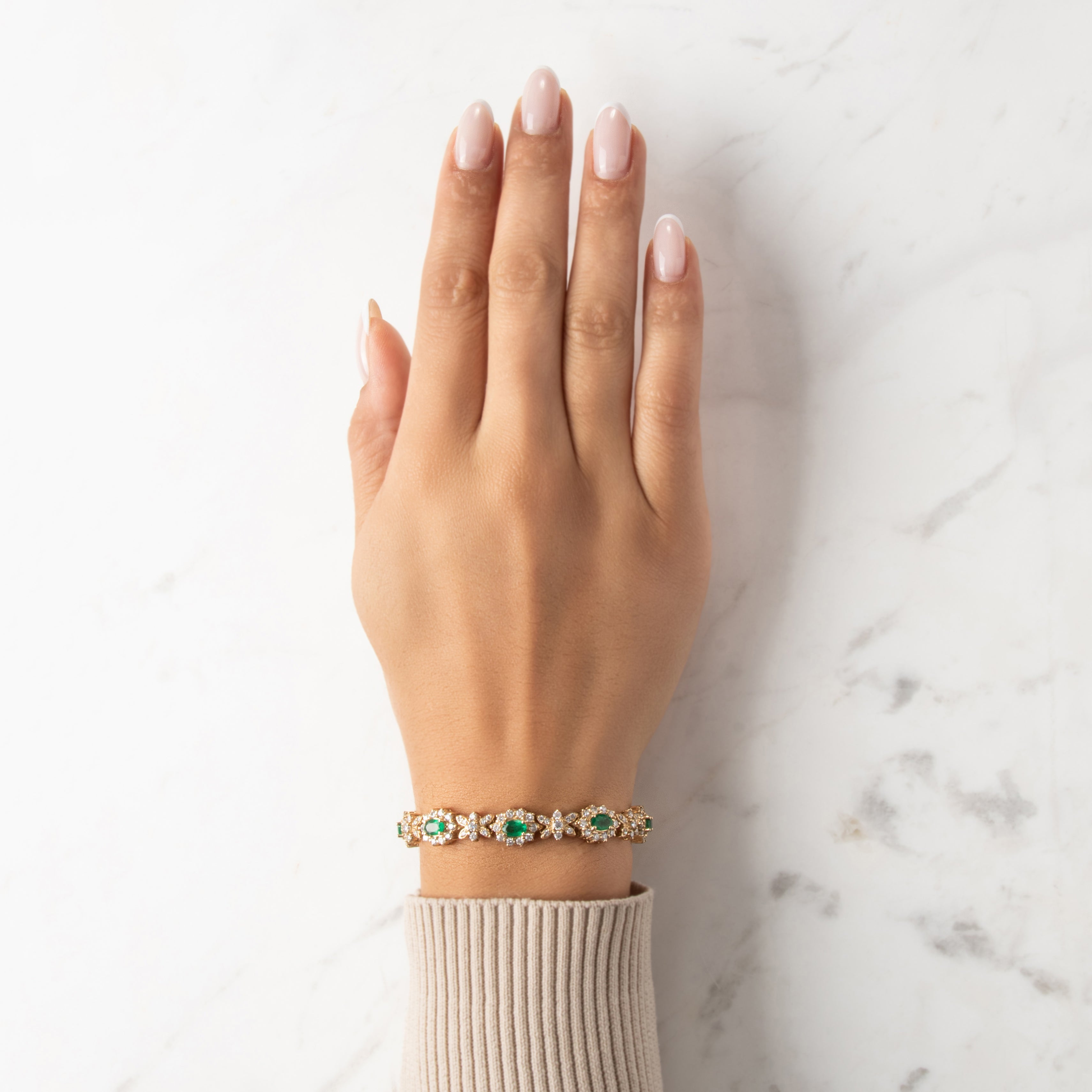 Vintage Italian 14k Yellow Gold 2.94cttw Emerald 2.77cttw Diamond Superb Butterfly Link Bracelet - On model view