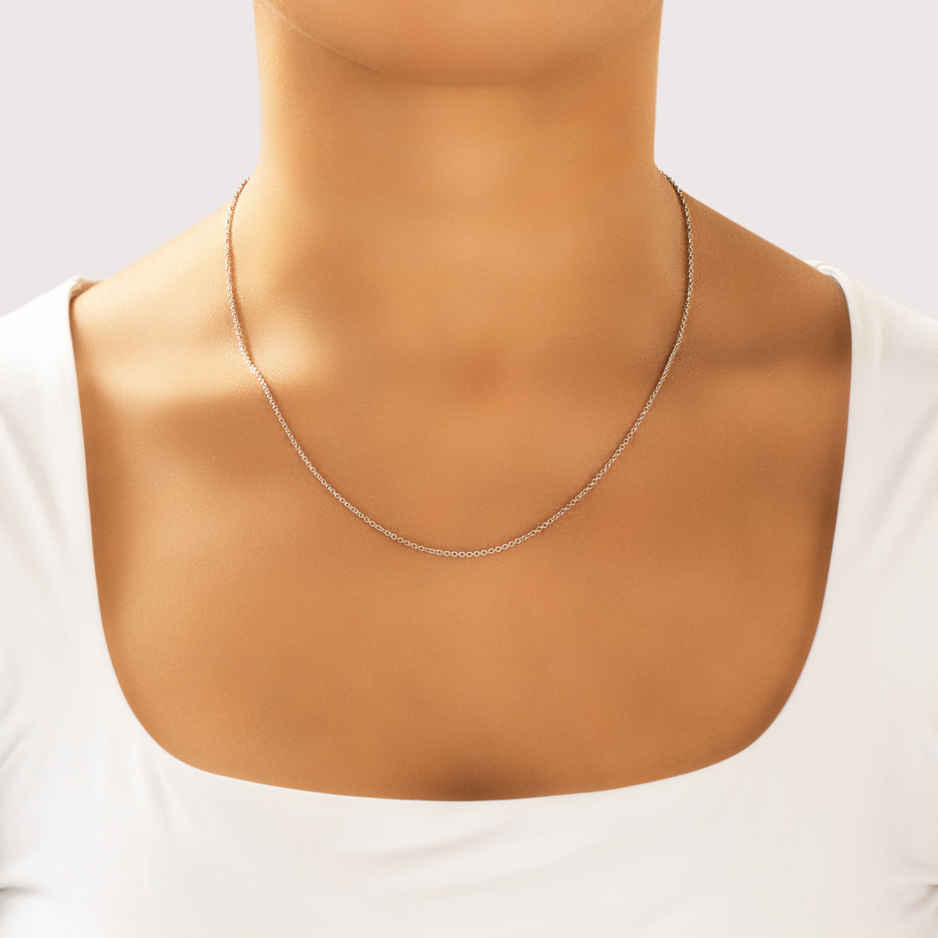 Vintage 14k White Gold Chic Round 1.5mm Cable Chain - On model view