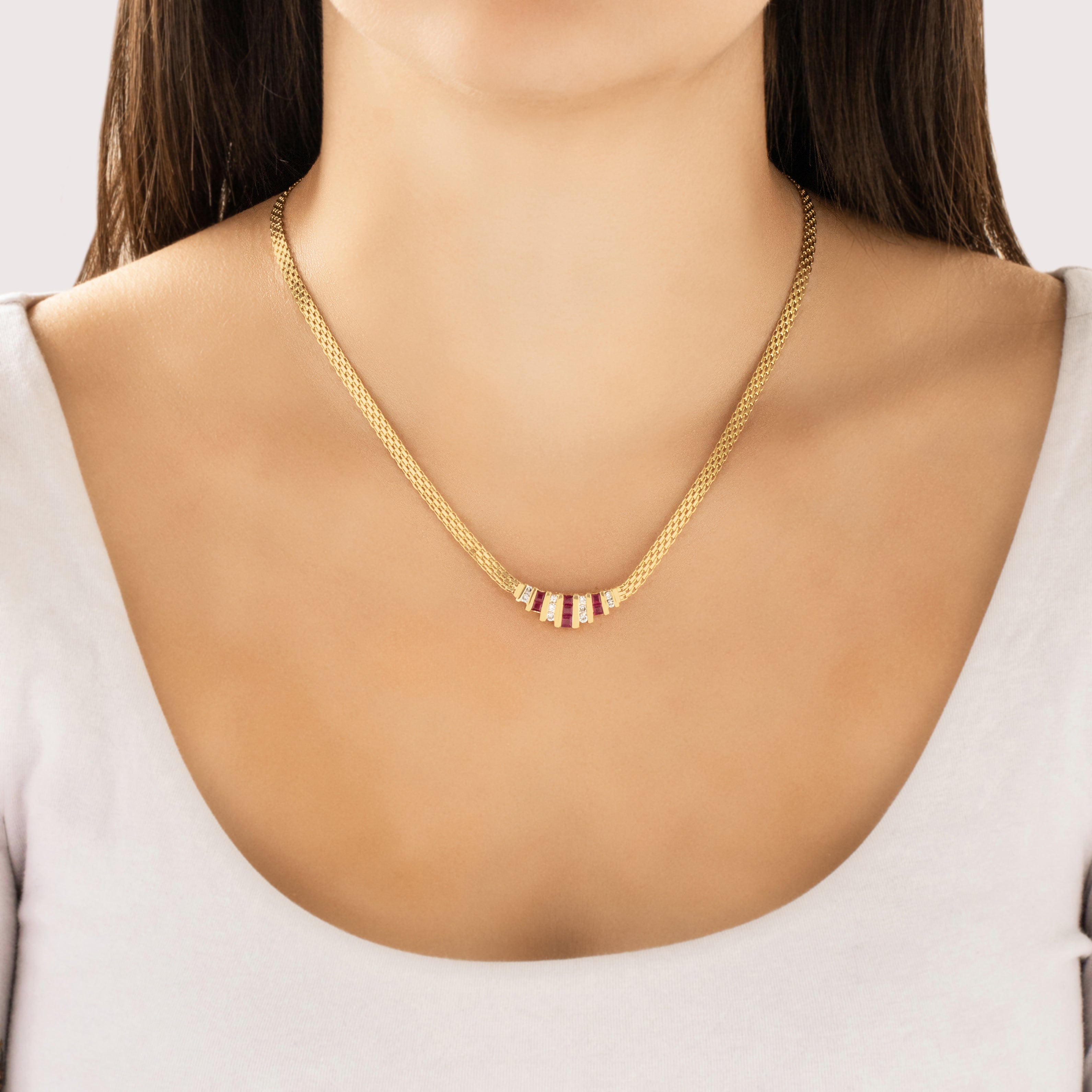 Vintage 14k Yellow Gold .67cttw Ruby Diamond Elegant Channel Necklace 17.5