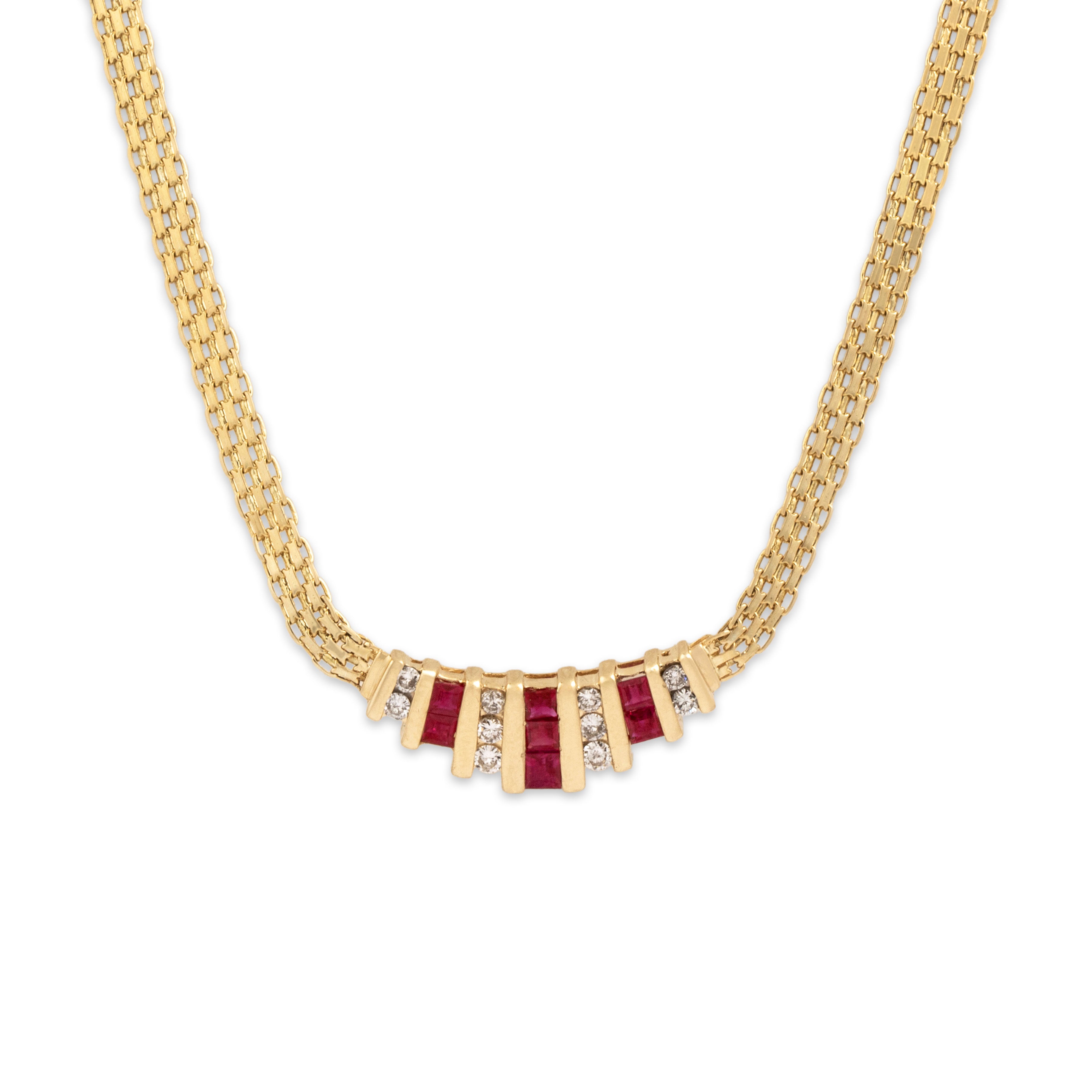 Vintage 14k Yellow Gold .67cttw Ruby Diamond Elegant Channel Necklace 17.5