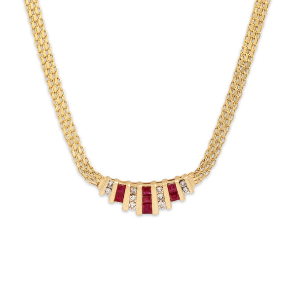Vintage 14k Yellow Gold .67cttw Ruby Diamond Elegant Channel Necklace 17.5