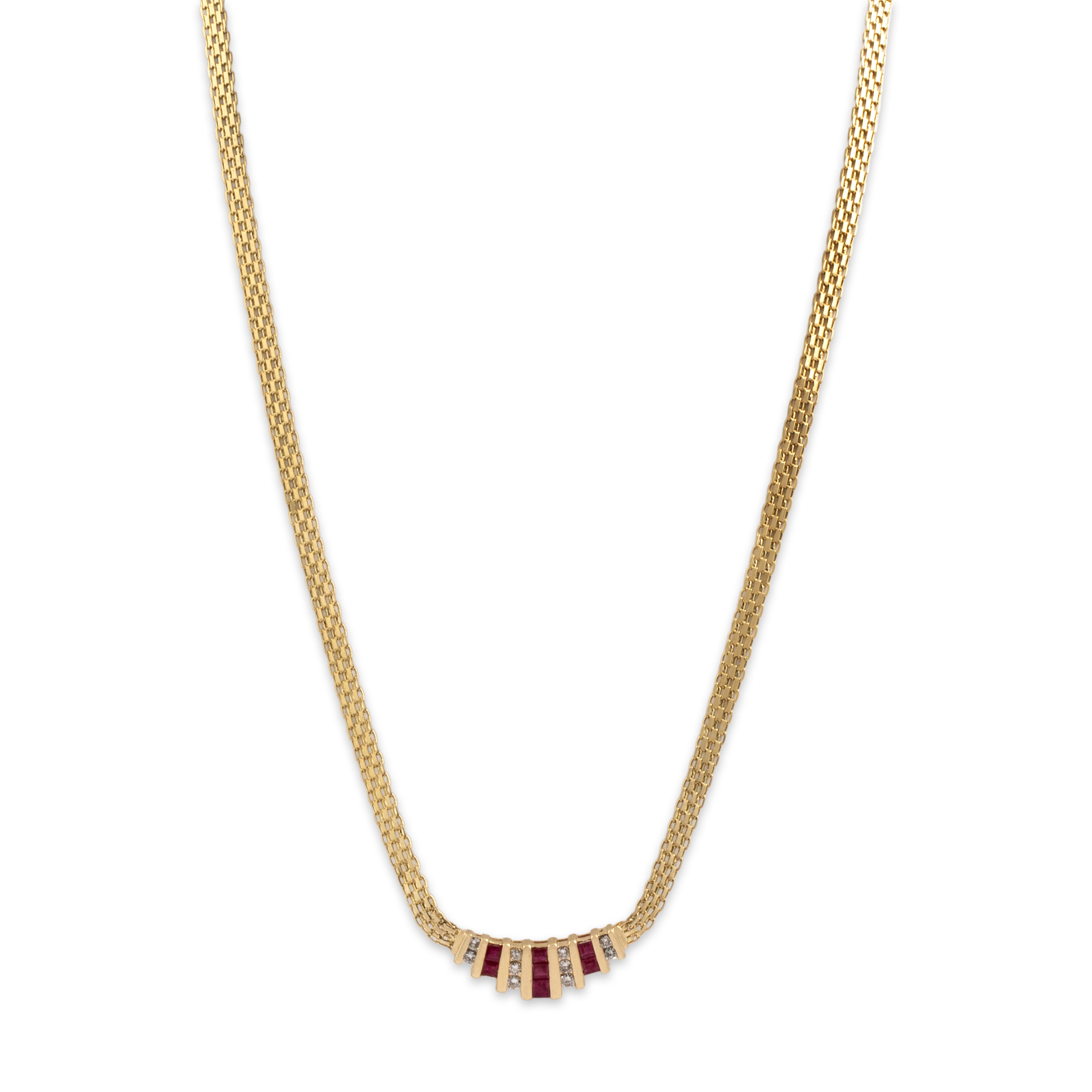 Vintage 14k Yellow Gold .67cttw Ruby Diamond Flat Link Superb Channel Necklace - detail view #1