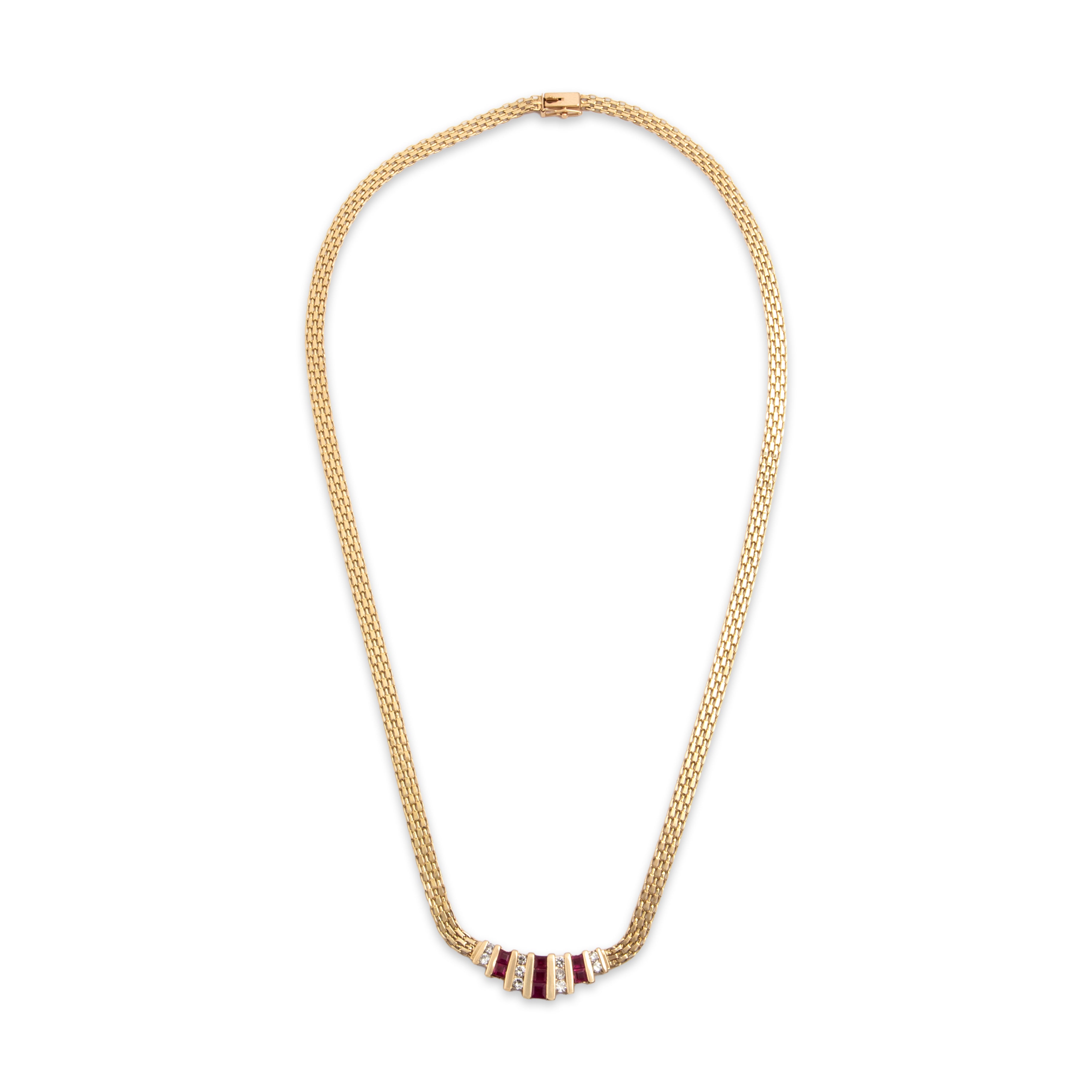 Vintage 14k Yellow Gold .67cttw Ruby Diamond Flat Link Superb Channel Necklace - Overall view