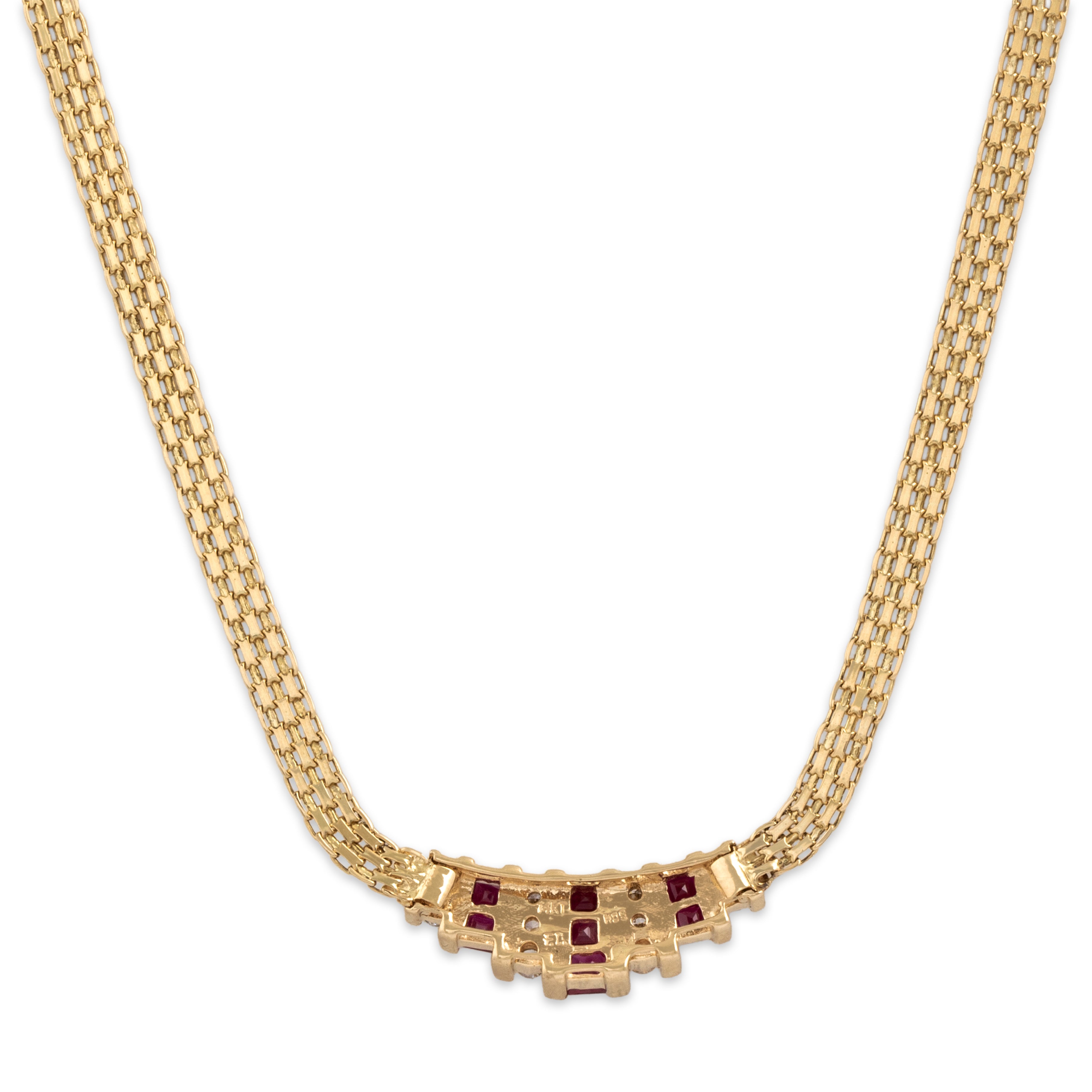 Vintage 14k Yellow Gold .67cttw Ruby Diamond Flat Link Superb Channel Necklace - Back view