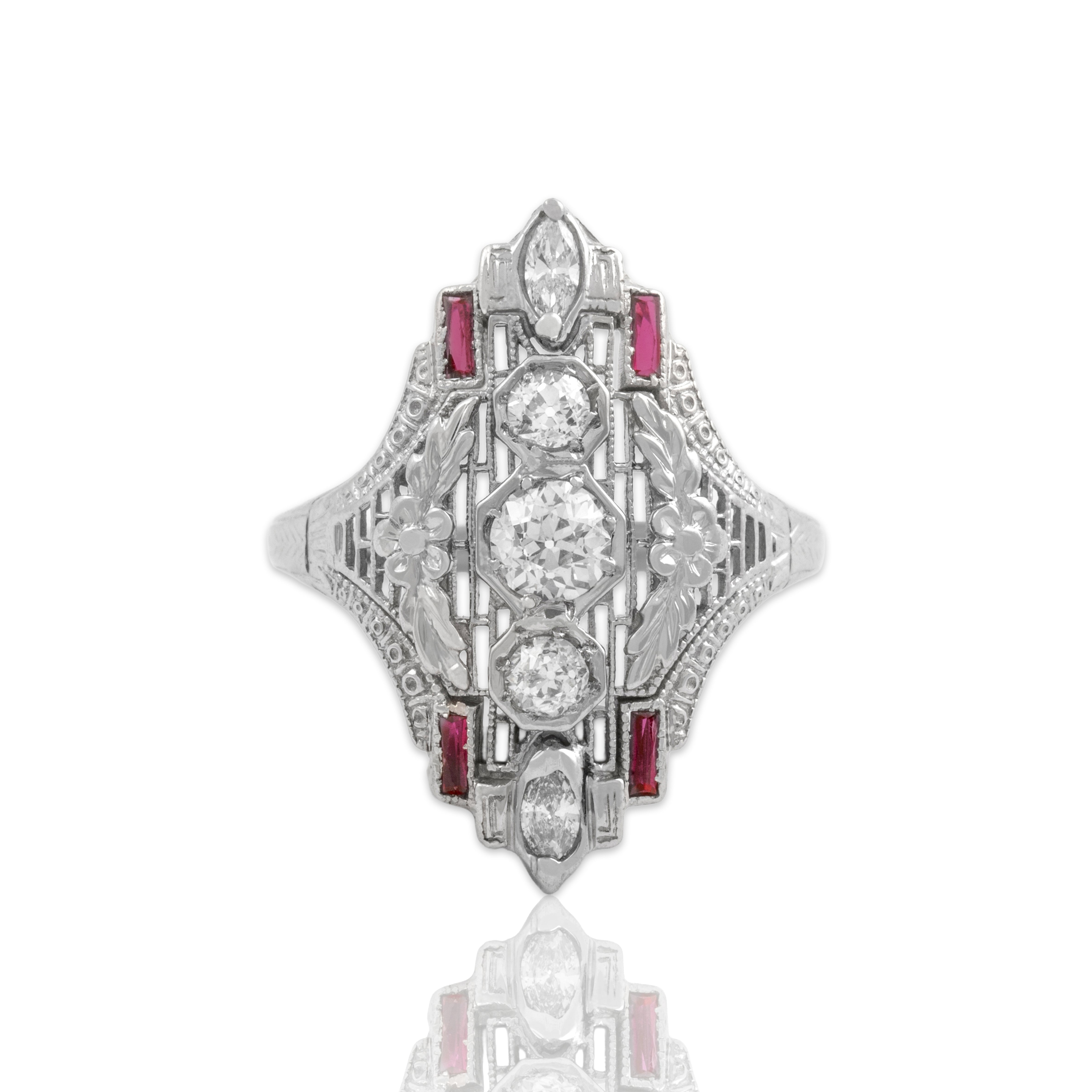 Antique Art Deco 14k White Gold .57cttw Natural Diamond Synthetic Ruby Ring 6.00