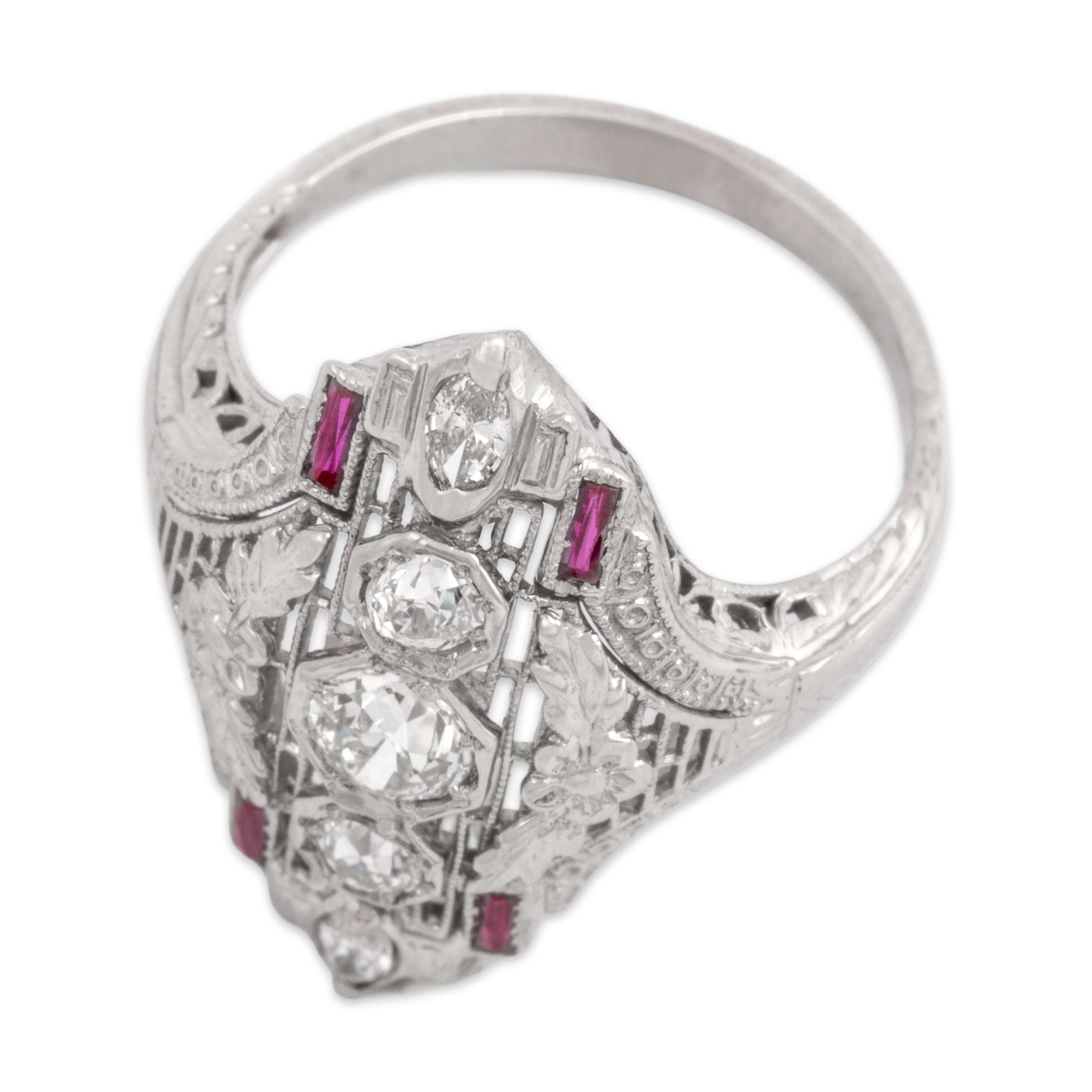 Antique Art Deco 14k White Gold [Custom Carat] Intricate Floral Openwork Shield Ring - Overall view