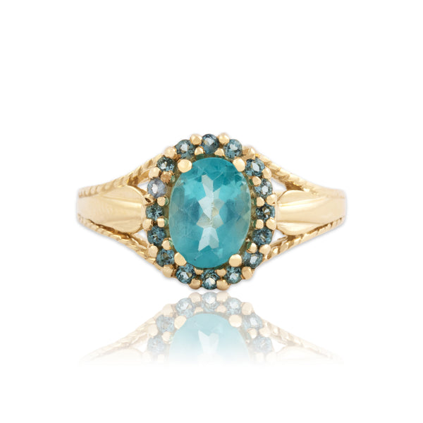 Vintage 14k Yellow Gold 1.13ct Blue Apatite Aquamarine Rope Shoulder Halo Ring 7.50