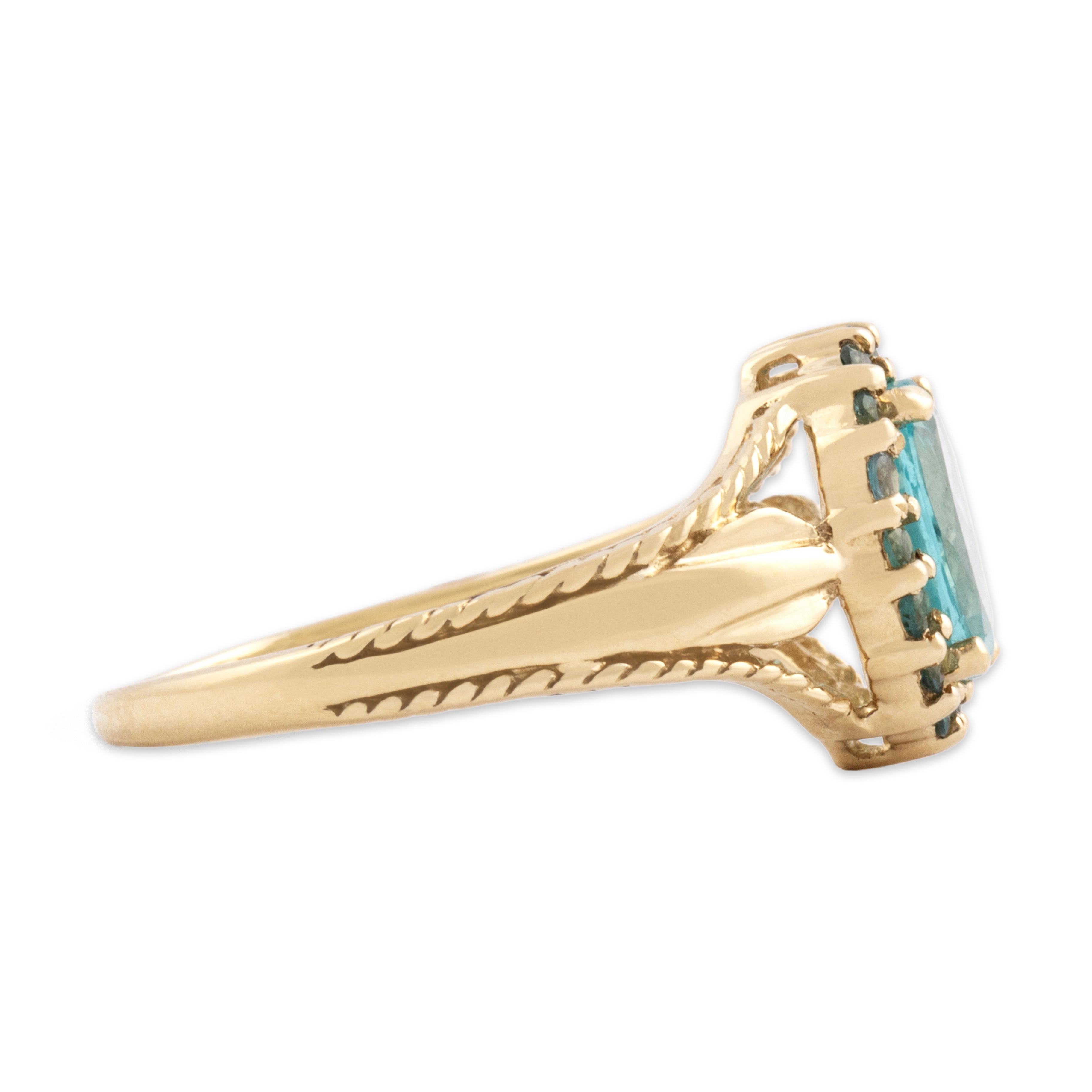 Vintage 14k Yellow Gold 1.13ct Blue Apatite Aquamarine Rope Shoulder Oval Halo Ring - Side view
