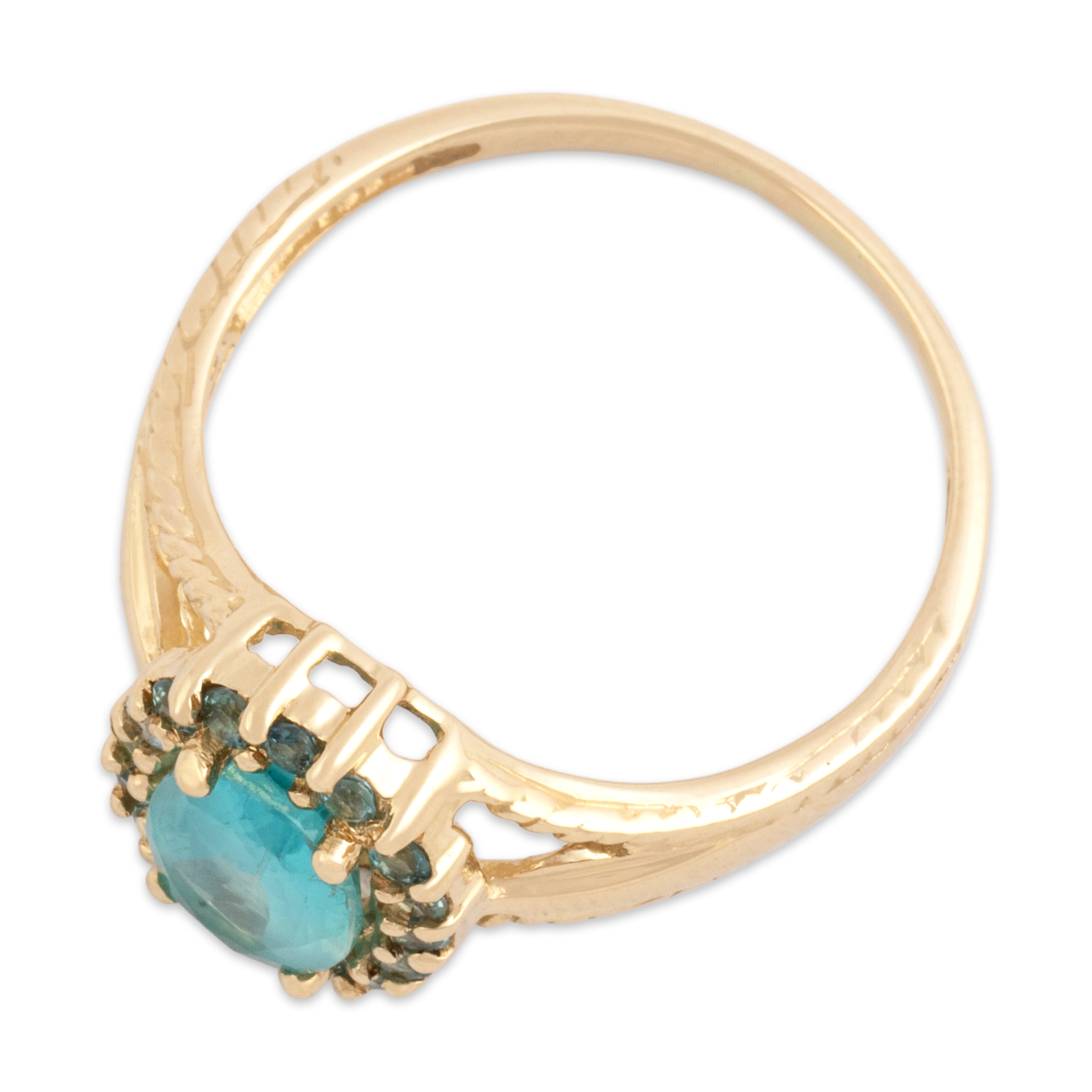 Vintage 14k Yellow Gold 1.13ct Blue Apatite Aquamarine Rope Shoulder Oval Halo Ring - Overall view