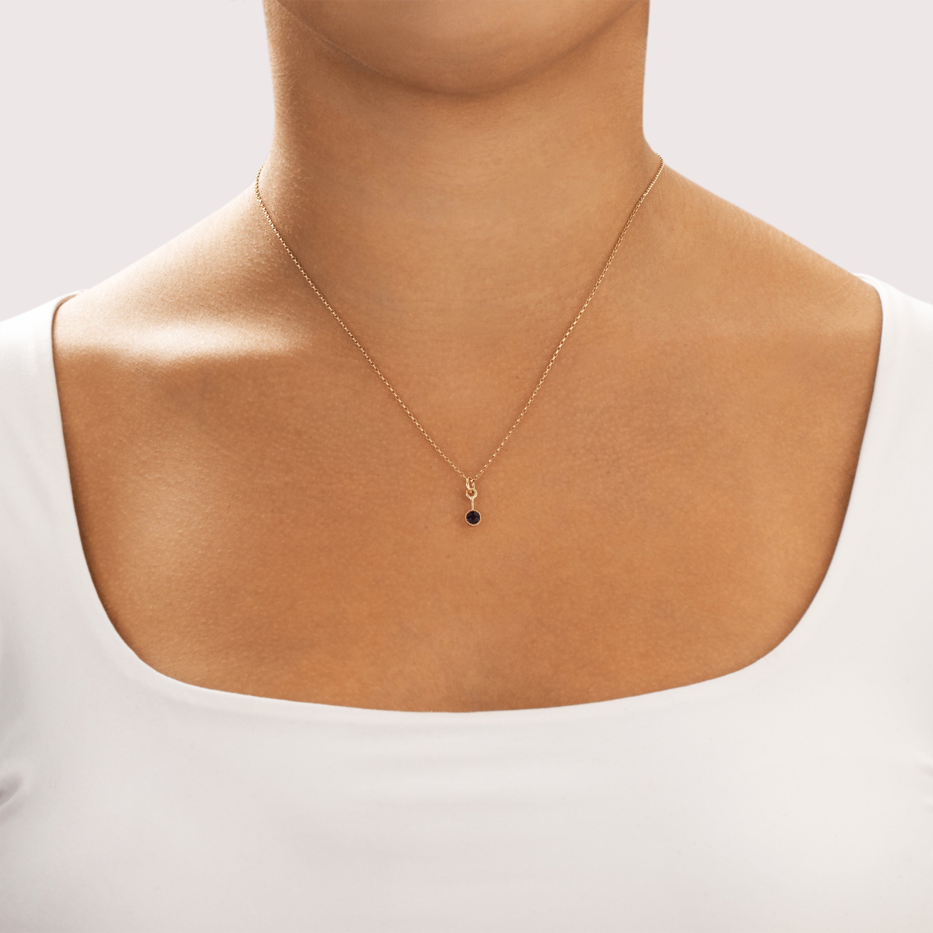 Antique 14k Yellow & Rosy Yellow Gold Amethyst Dainty Drop Dangle Charm / Pendant - On model view