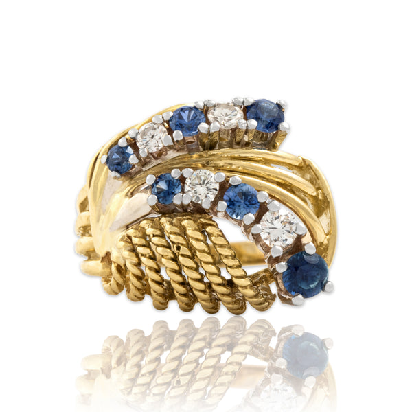 Vintage Heavy 14k Yellow & White Gold .76cttw Blue Sapphire Diamond Cocktail Ring 7.00