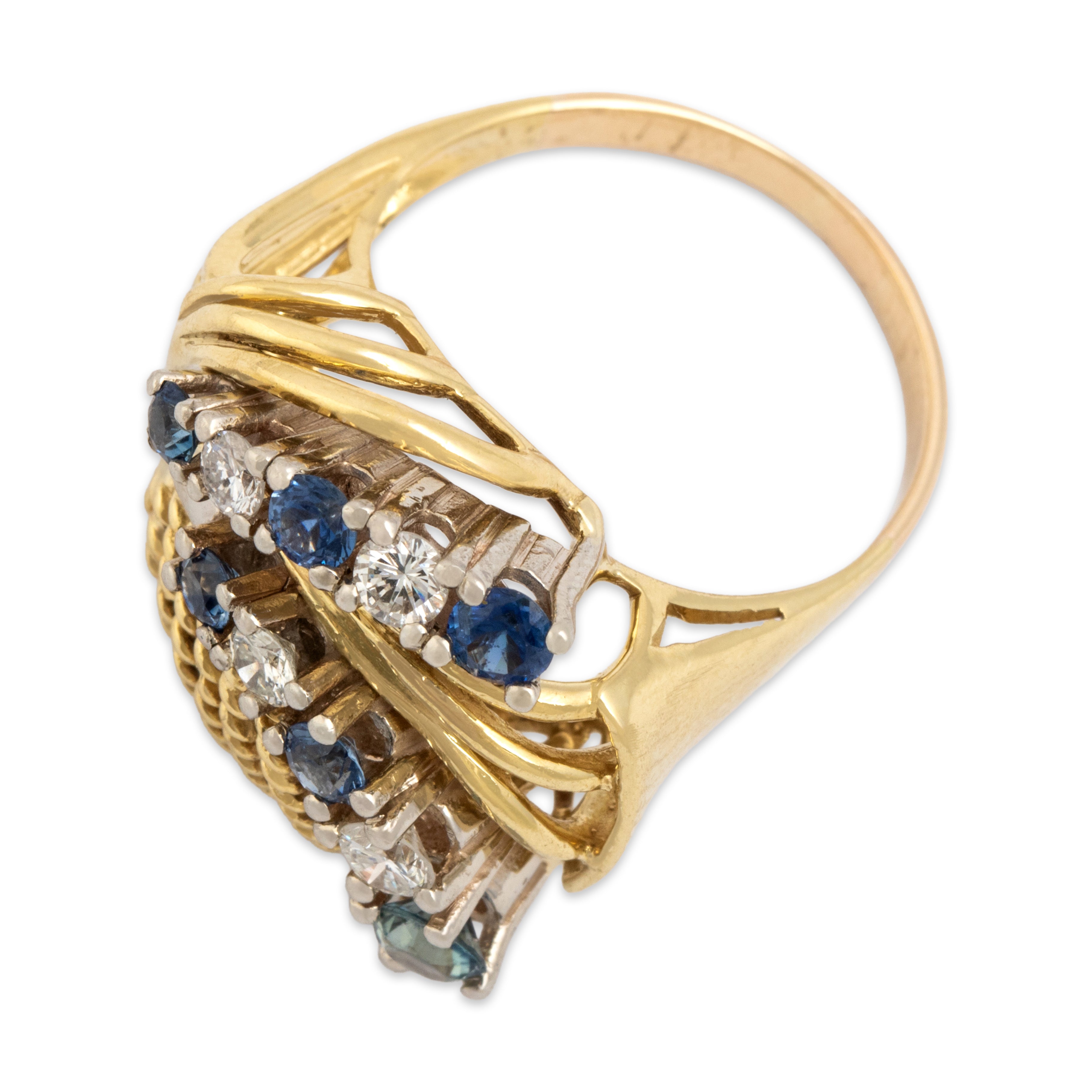 Vintage Heavy 14k Yellow & White Gold .76cttw Blue Sapphire Diamond Striking Cabled Flourish Cocktail Ring - Overall view