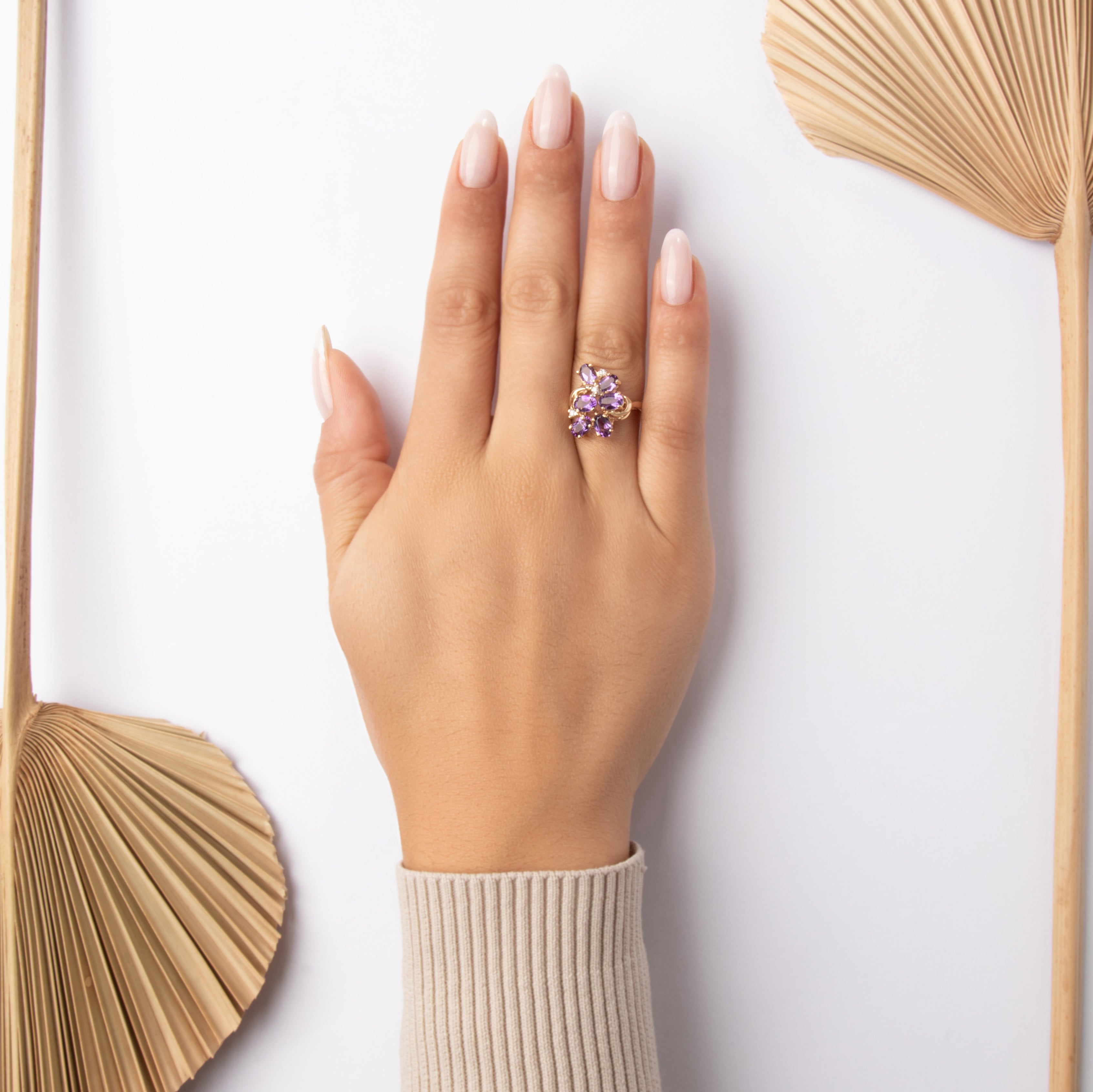 Vintage 14k Yellow Gold 2.0cttw Amethyst Diamond Fabulous Scrolling Cluster Ring - On model view