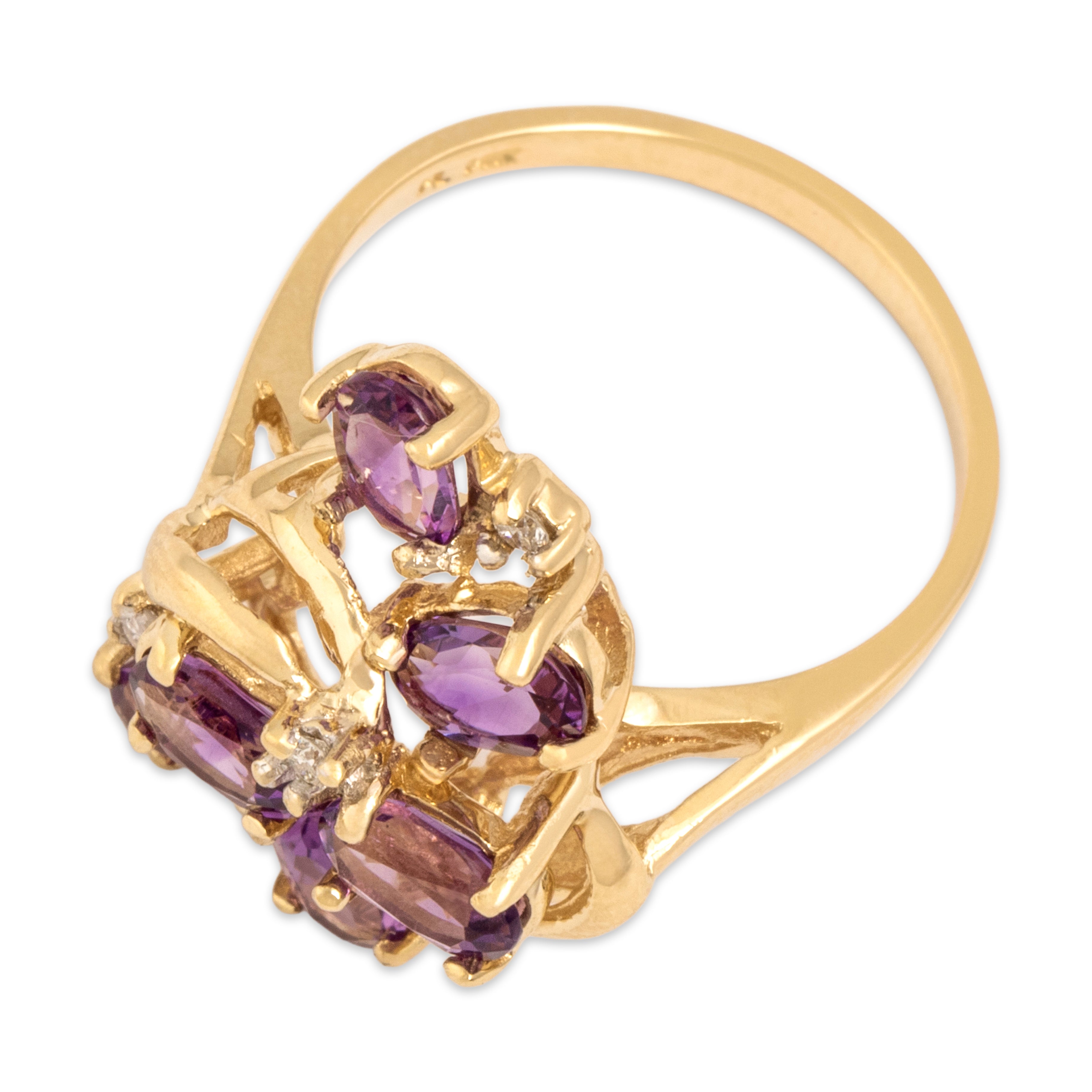 Vintage 14k Yellow Gold 2.0cttw Amethyst Diamond Fabulous Scrolling Cluster Ring - Overall view