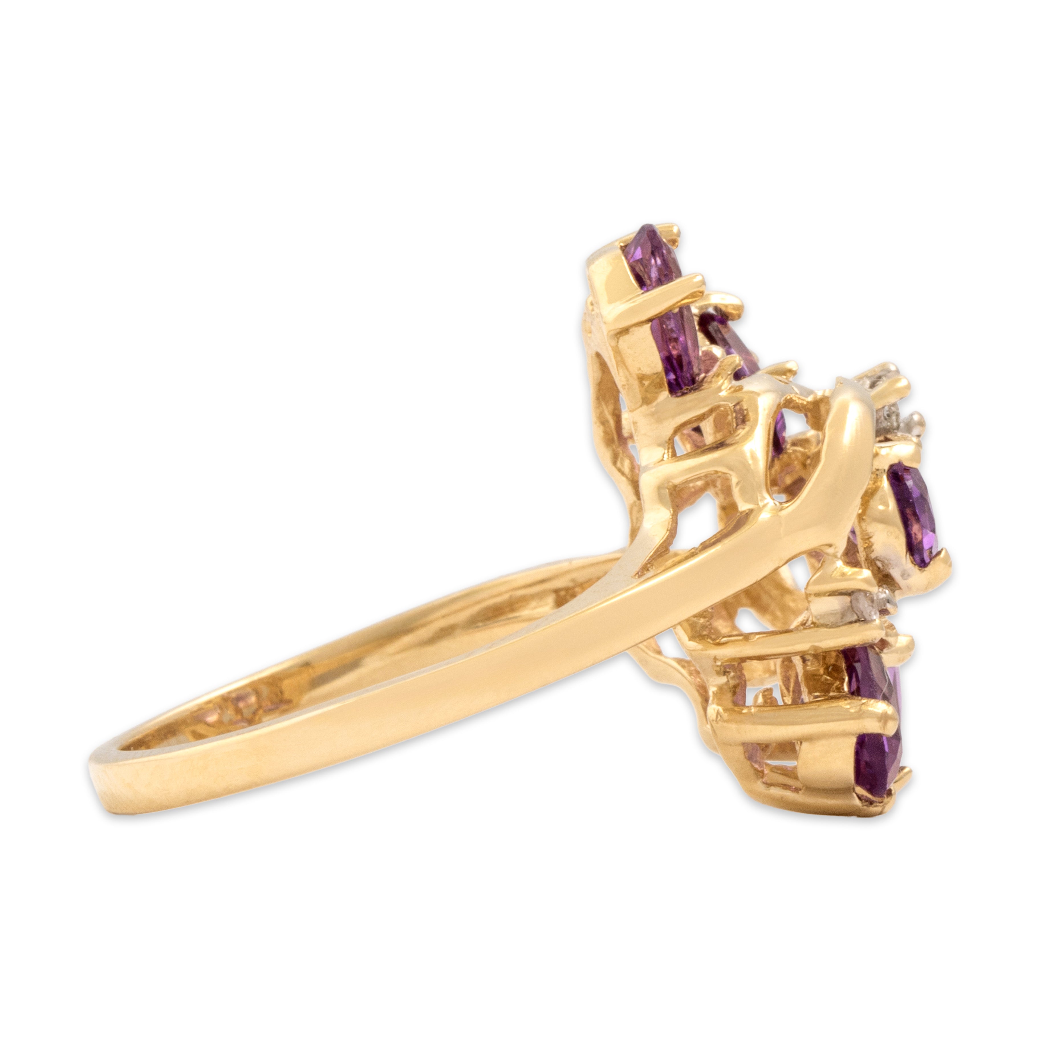 Vintage 14k Yellow Gold 2.0cttw Amethyst Diamond Fabulous Scrolling Cluster Ring - Side view
