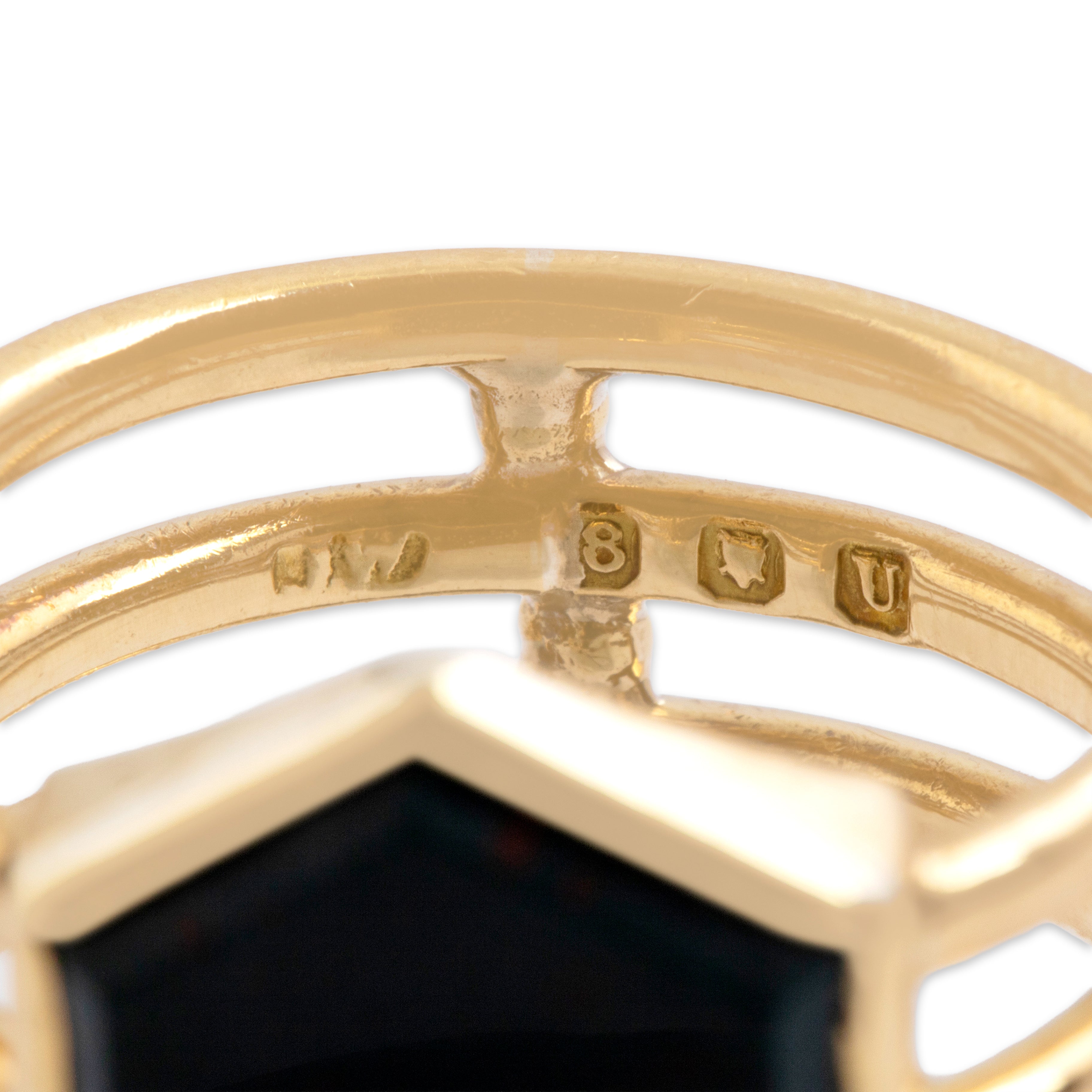 Antique Victorian English 18k Yellow Gold 1.81ct Bloodstone Geometric Split-Shank Shield Signet Ring - Hallmark view