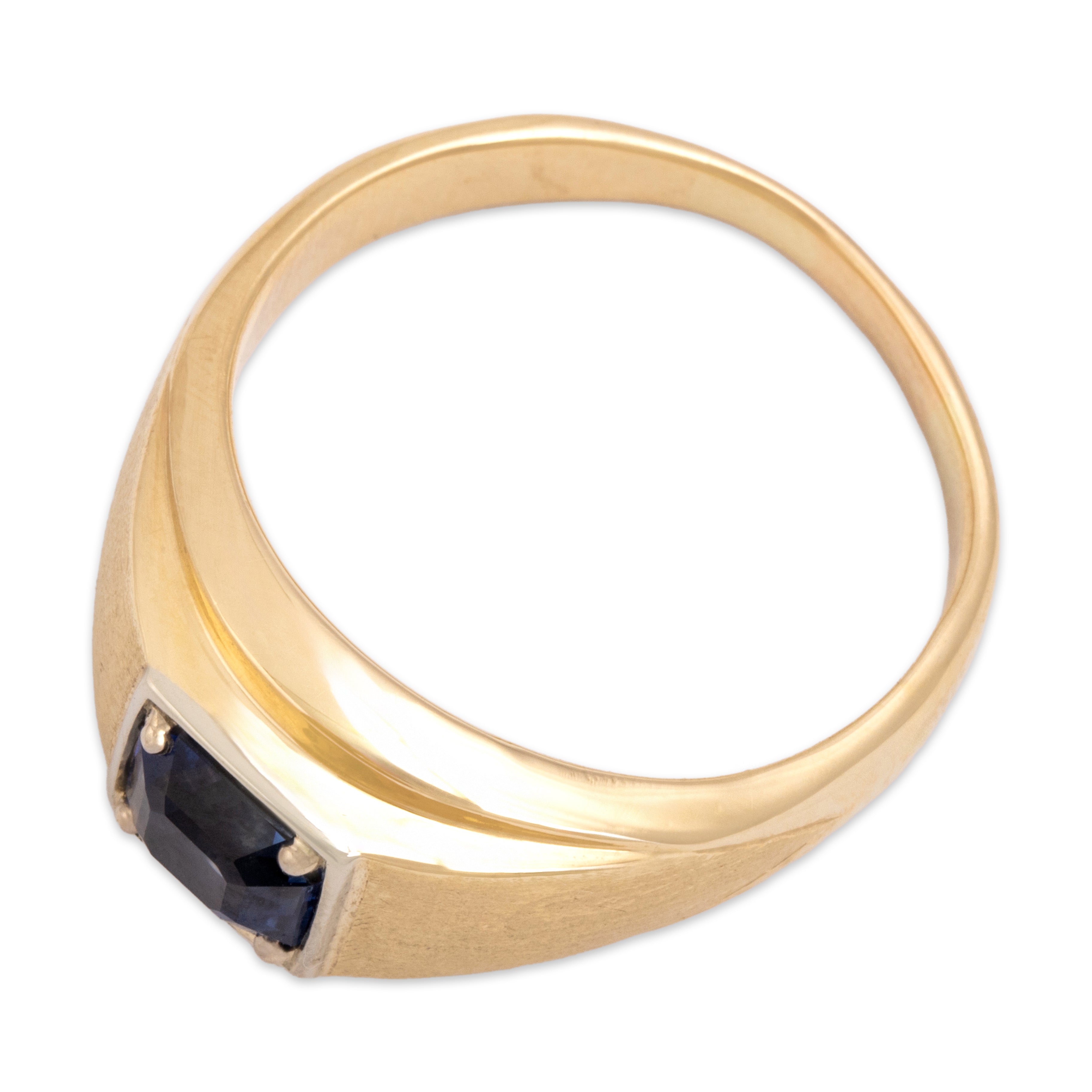 Vintage 14k Yellow Gold 1.73ct Blue Sapphire Incredible Brushed Geometric Signet Ring - Overall view