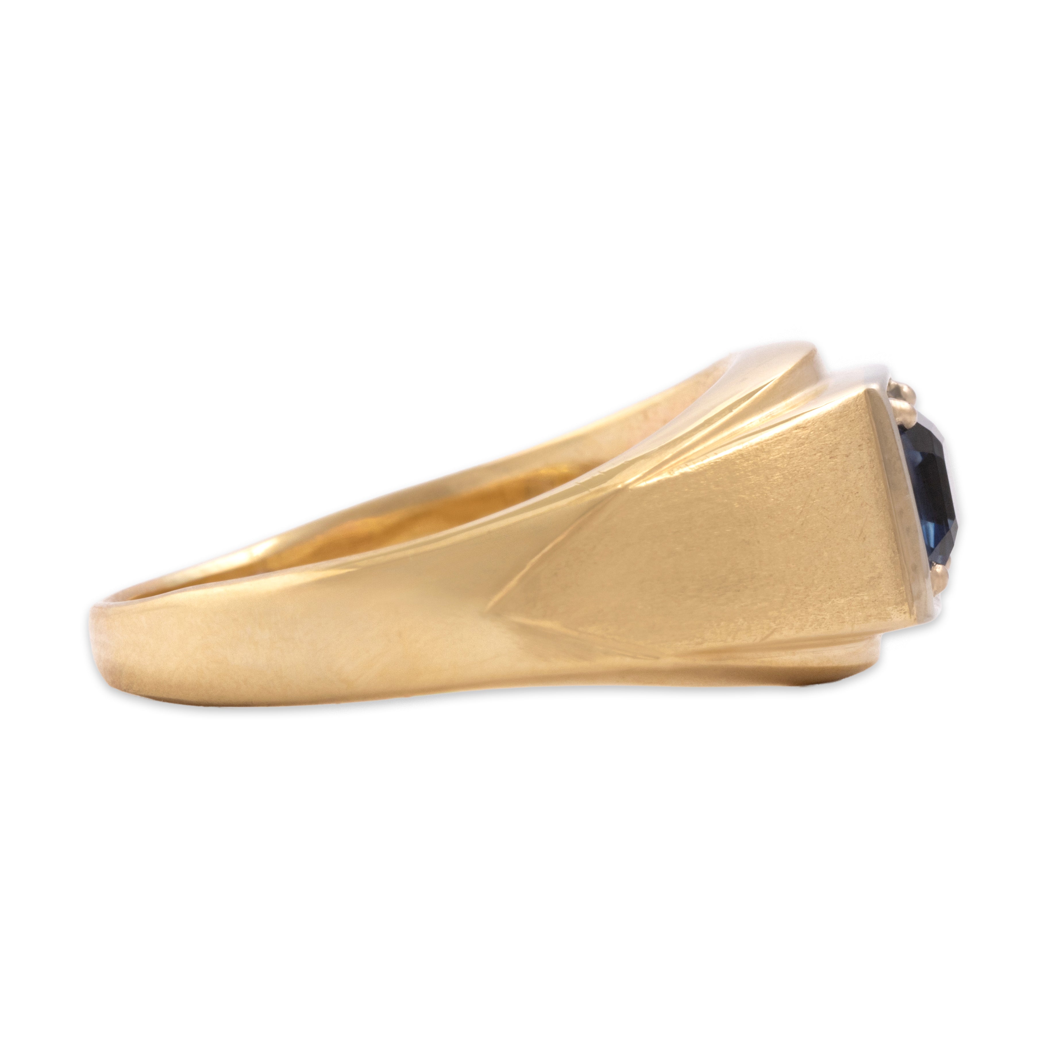Vintage 14k Yellow Gold 1.73ct Blue Sapphire Incredible Brushed Geometric Signet Ring - Side view