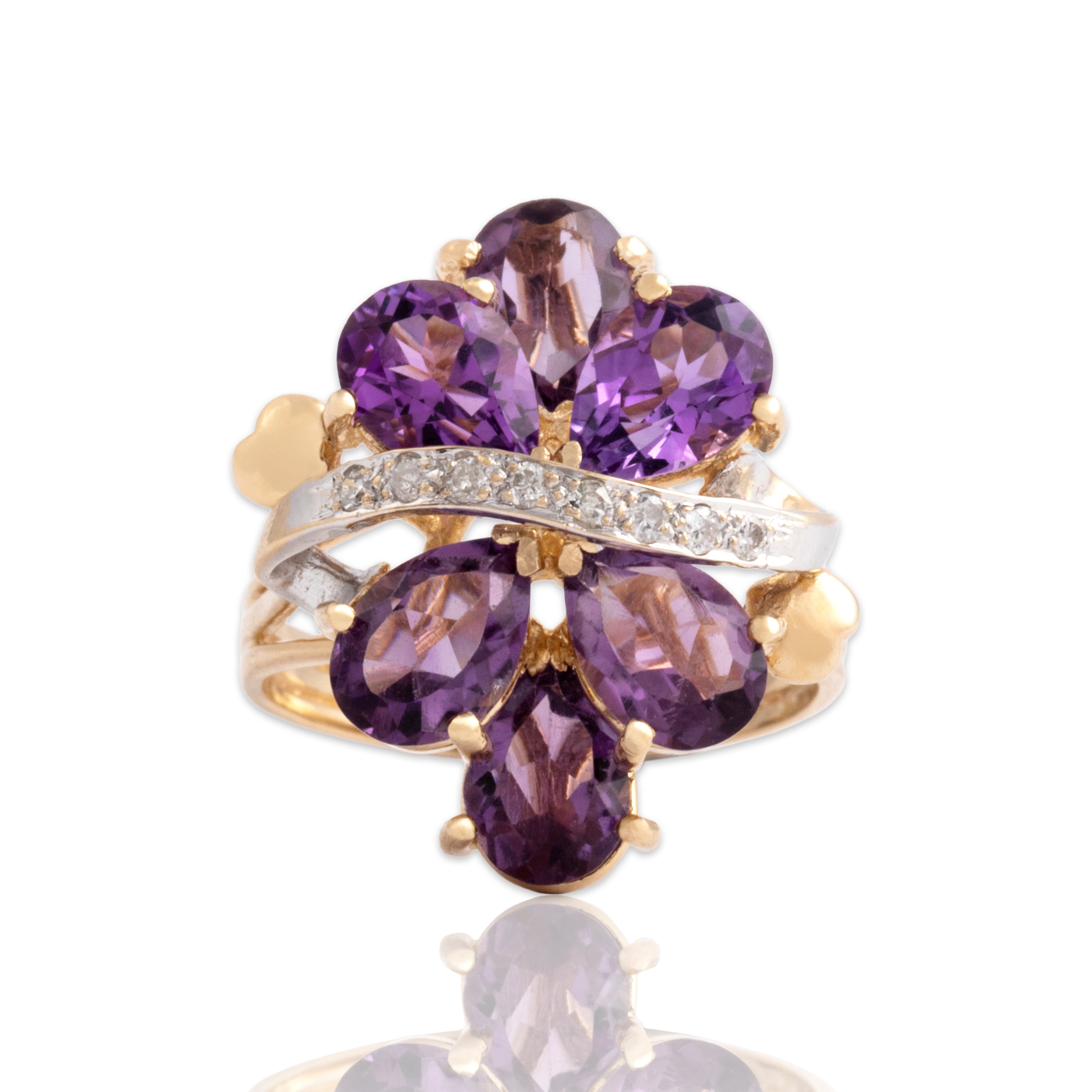 Vintage 14k Yellow & White Gold 2.64cttw Amethyst Diamond Heart Detail Ribbon Cluster Ring - Close-up view