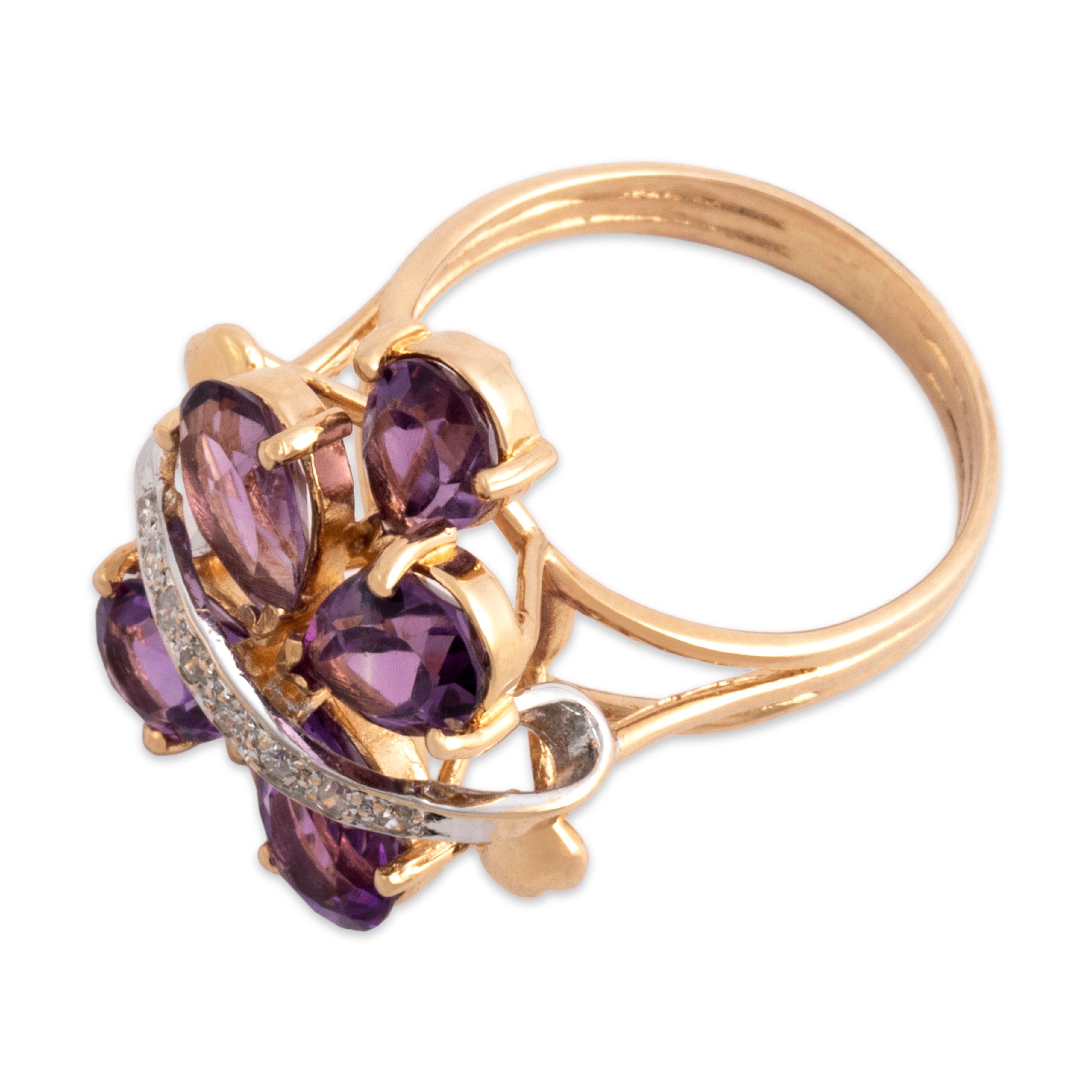 Vintage 14k Yellow & White Gold 2.64cttw Amethyst Diamond Heart Detail Ribbon Cluster Ring - Overall view