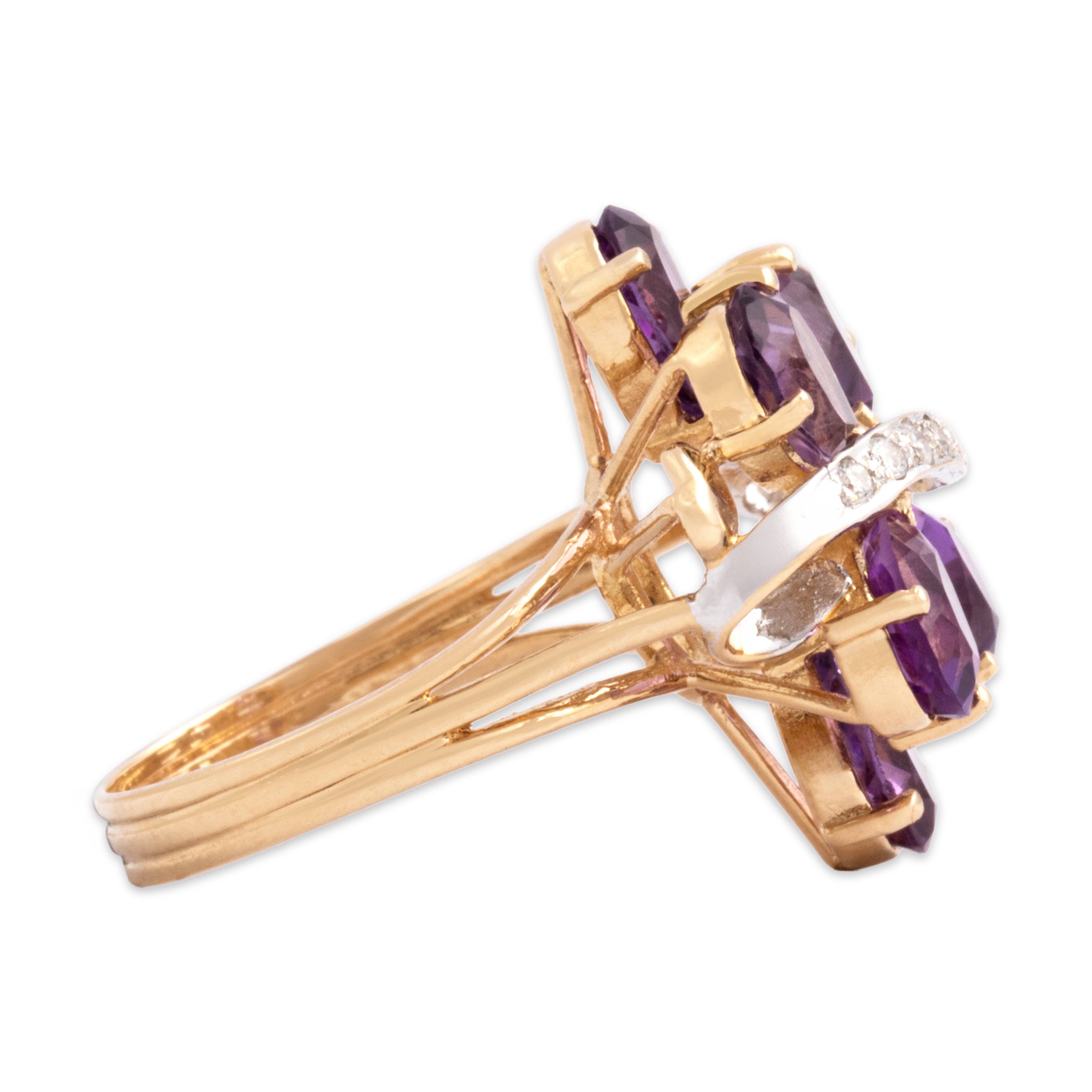 Vintage 14k Yellow & White Gold 2.64cttw Amethyst Diamond Heart Detail Ribbon Cluster Ring - Side view