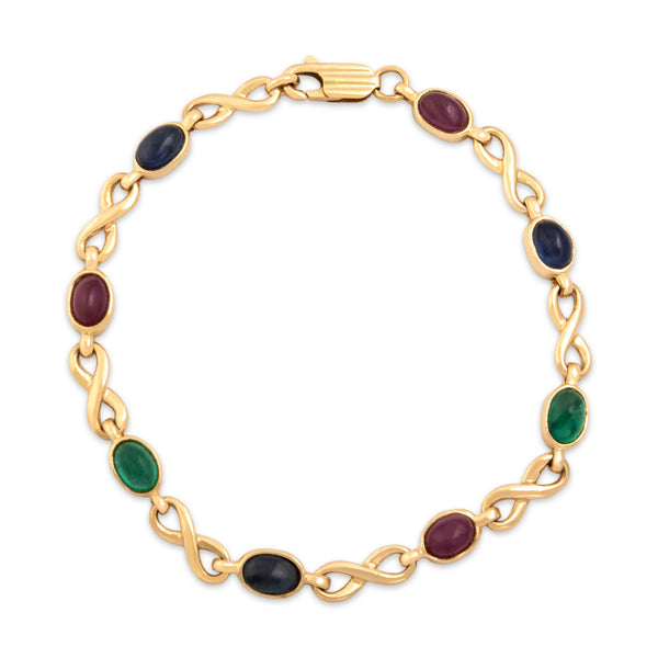 Vintage 14k Yellow Gold Blue Sapphire Ruby Emerald Infinity Link Bracelet 7"