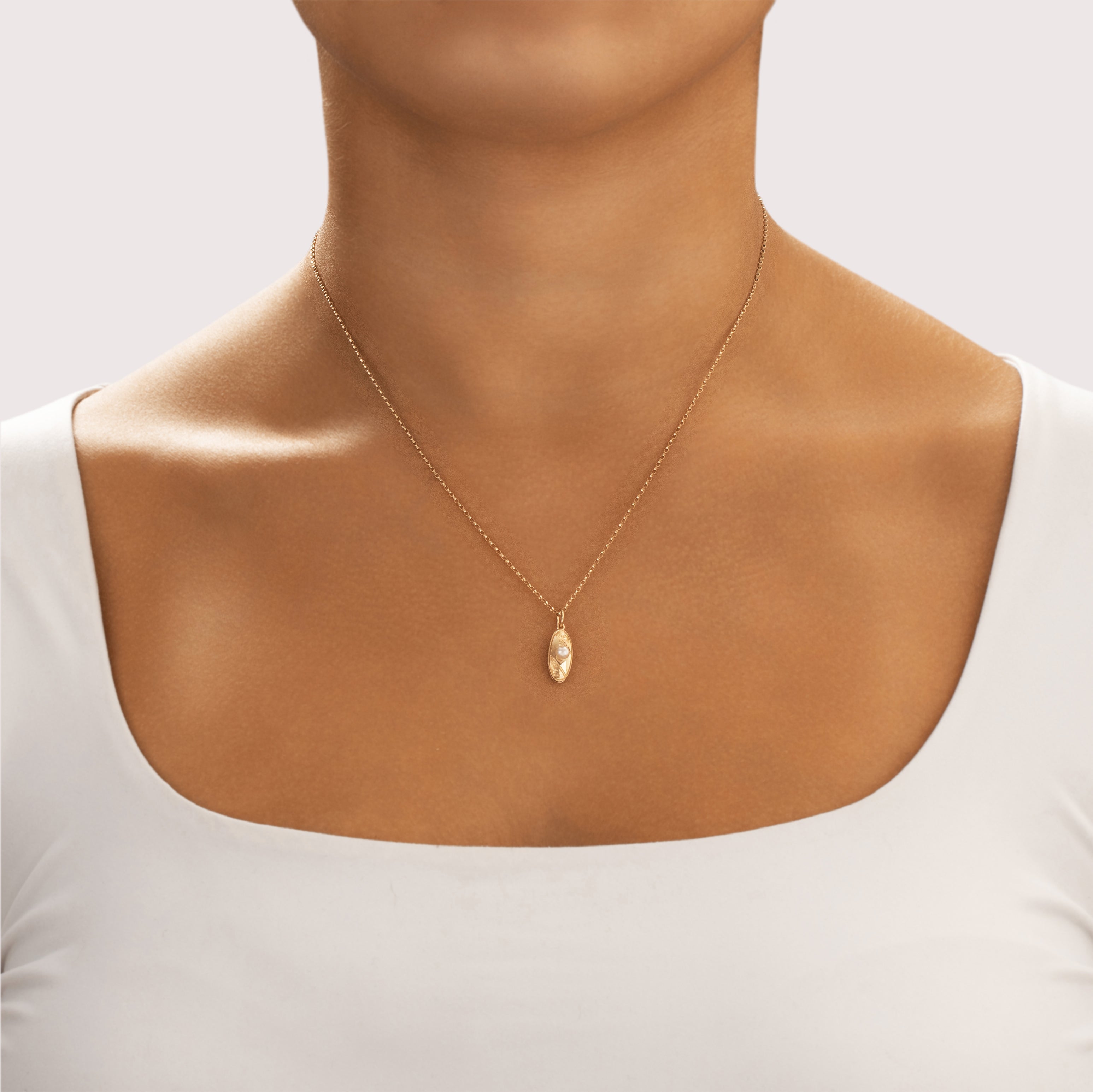Vintage 14k Rosy Yellow Gold Pearl Petite Carved Pendant - On model view