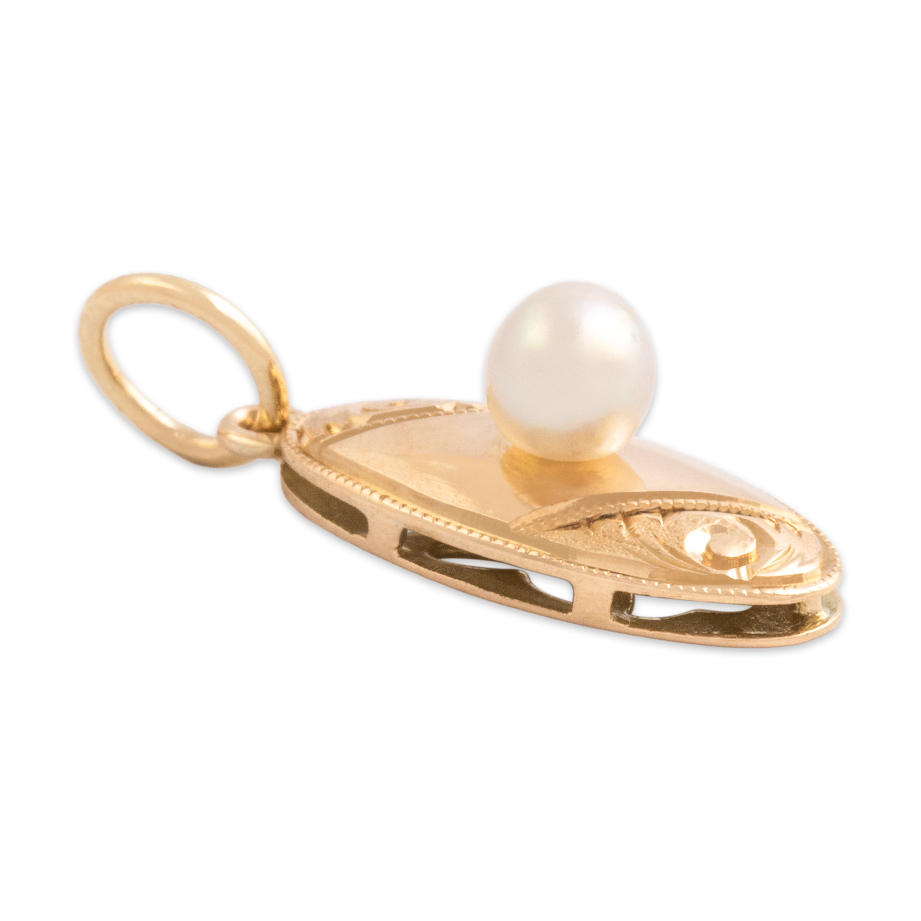 Vintage 14k Rosy Yellow Gold Pearl Petite Carved Pendant - Side view