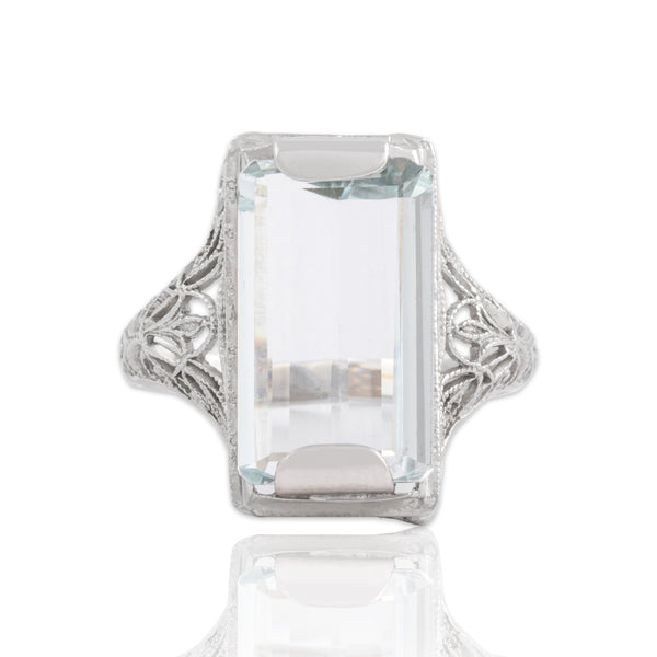 Antique Art Deco 14k White Gold 3.91ct Aquamarine Fantastic Filigree Ring 6.50