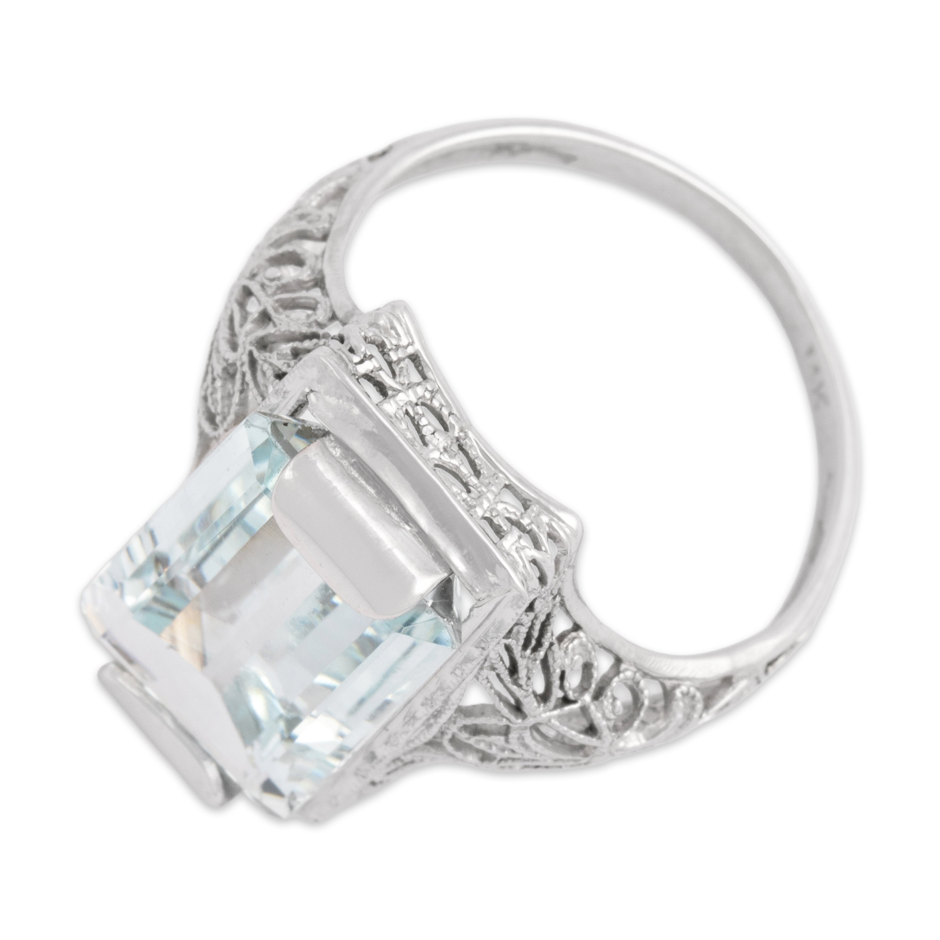 Antique Art Deco 14k White Gold 3.91ct Aquamarine Fantastic Filigree Window Ring - Overall view