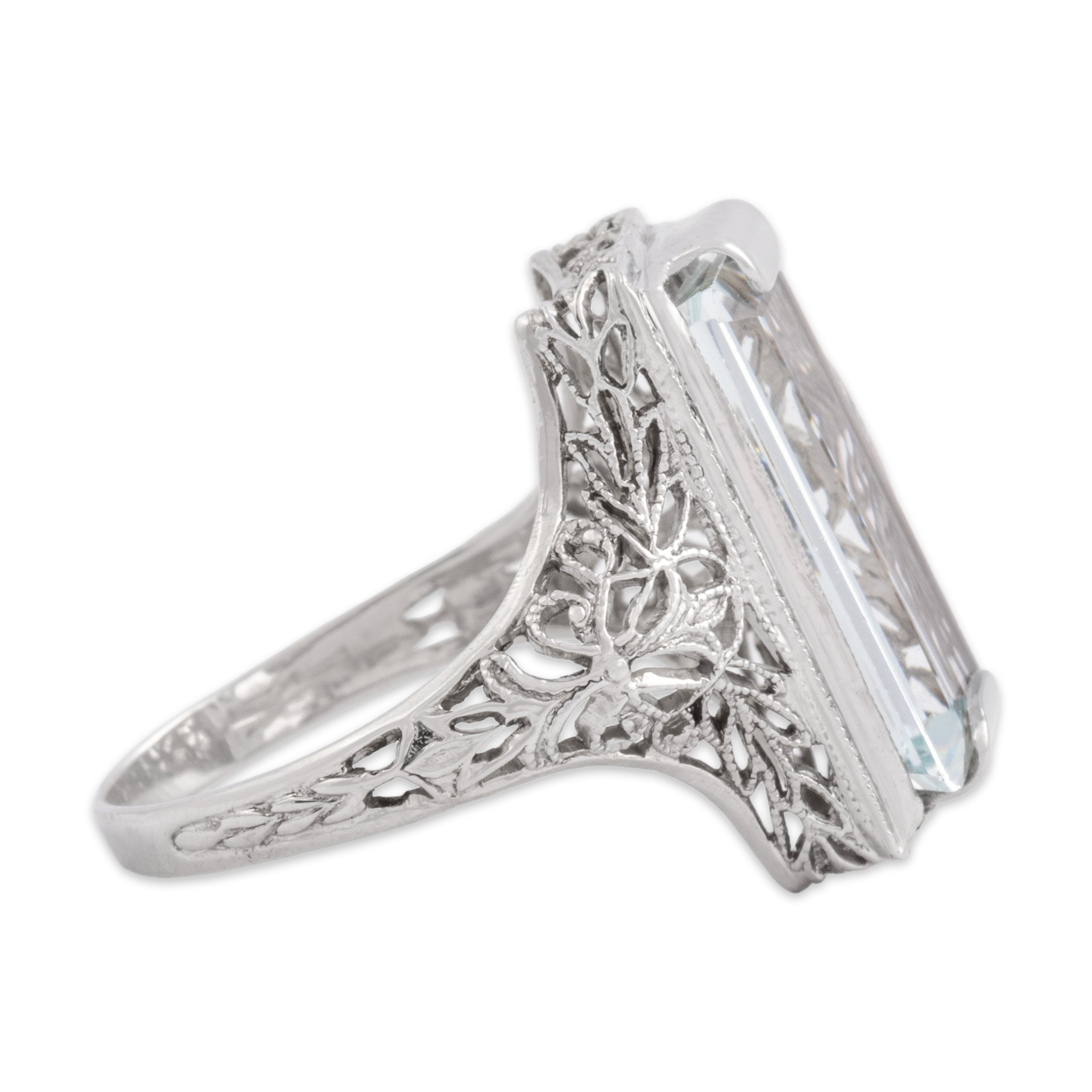 Antique Art Deco 14k White Gold 3.91ct Aquamarine Fantastic Filigree Window Ring - Side view