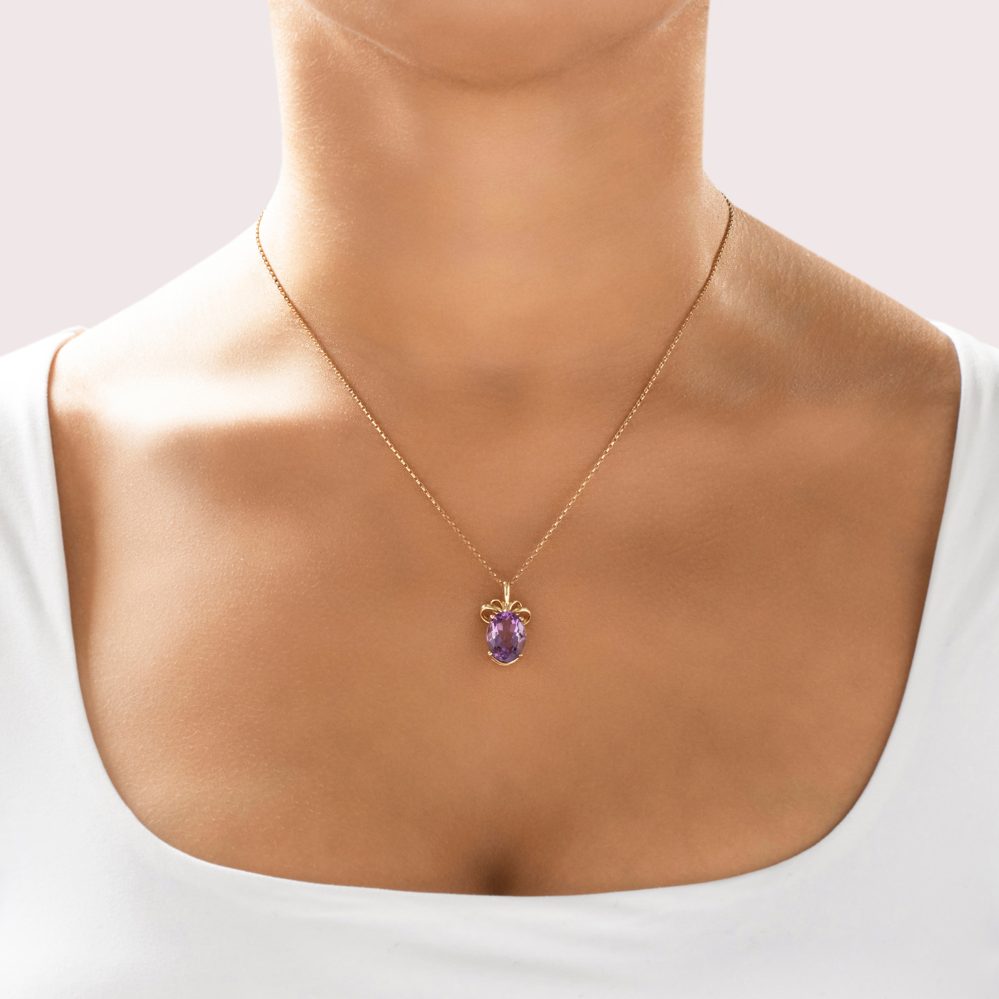 Vintage 14k Yellow Gold Amethyst Lovely Bow Pendant - On model view