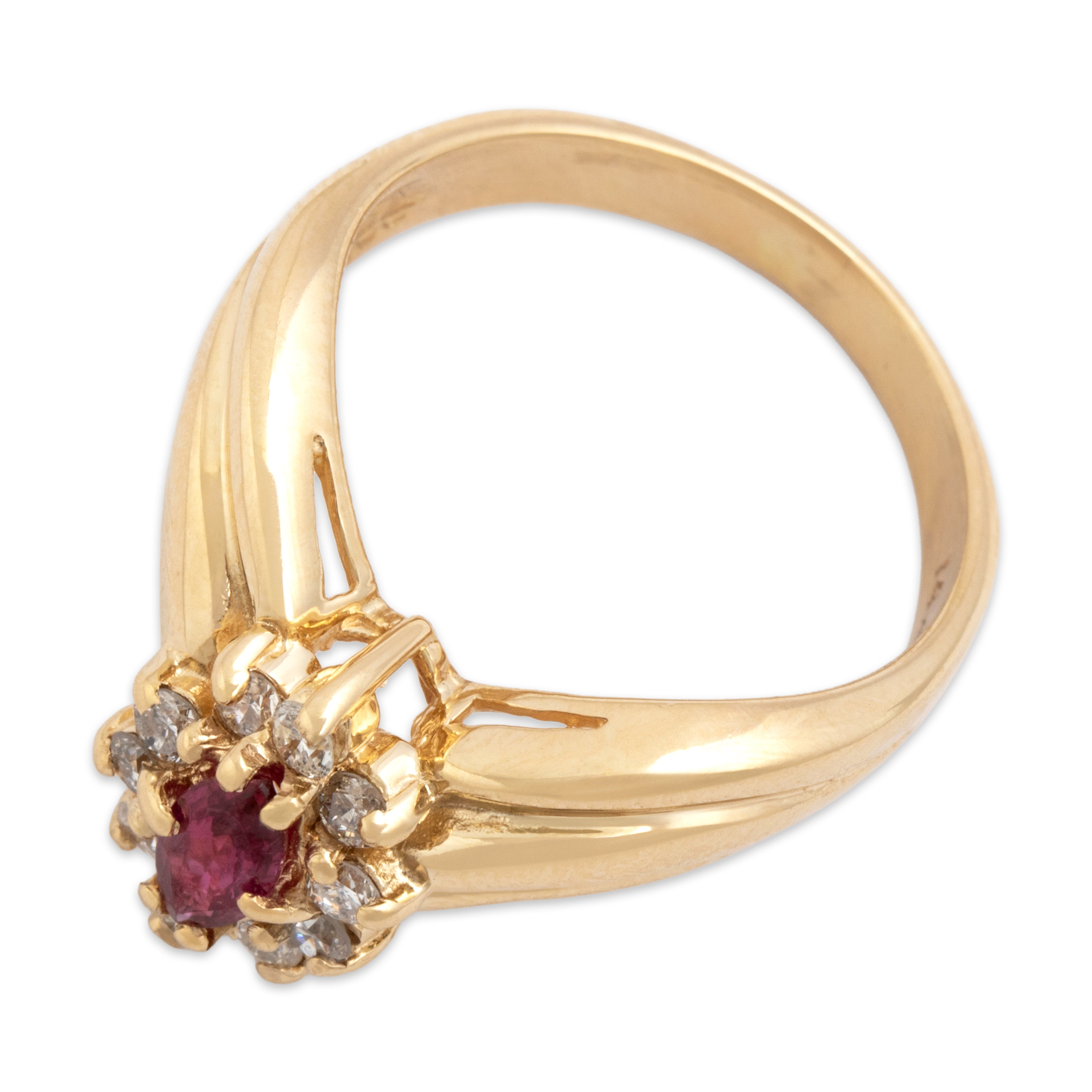 Vintage 14k Yellow Gold Diamond Ruby Superb Ribbed Shoulder Chevron Ring - Overall view