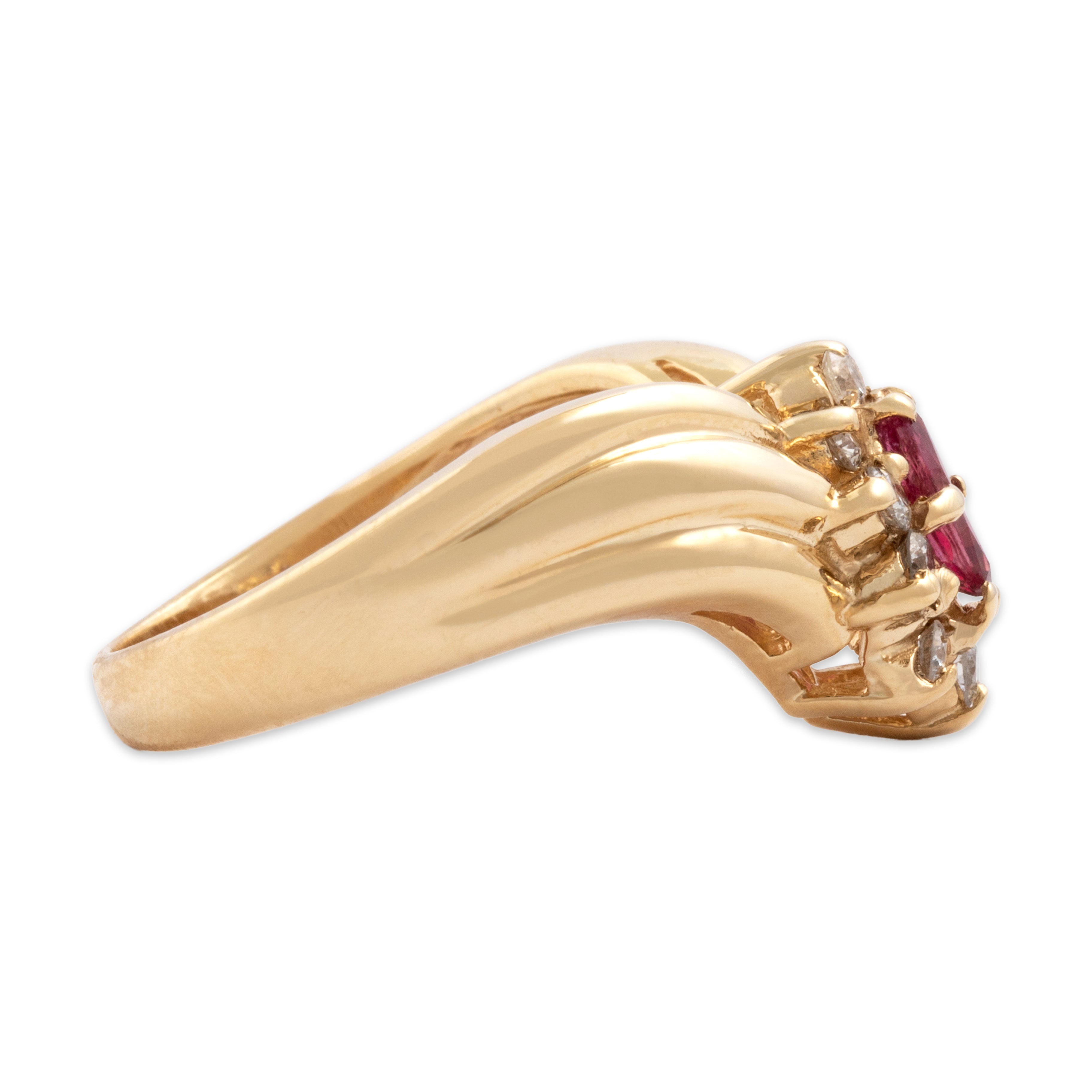 Vintage 14k Yellow Gold Diamond Ruby Superb Ribbed Shoulder Chevron Ring - Side view