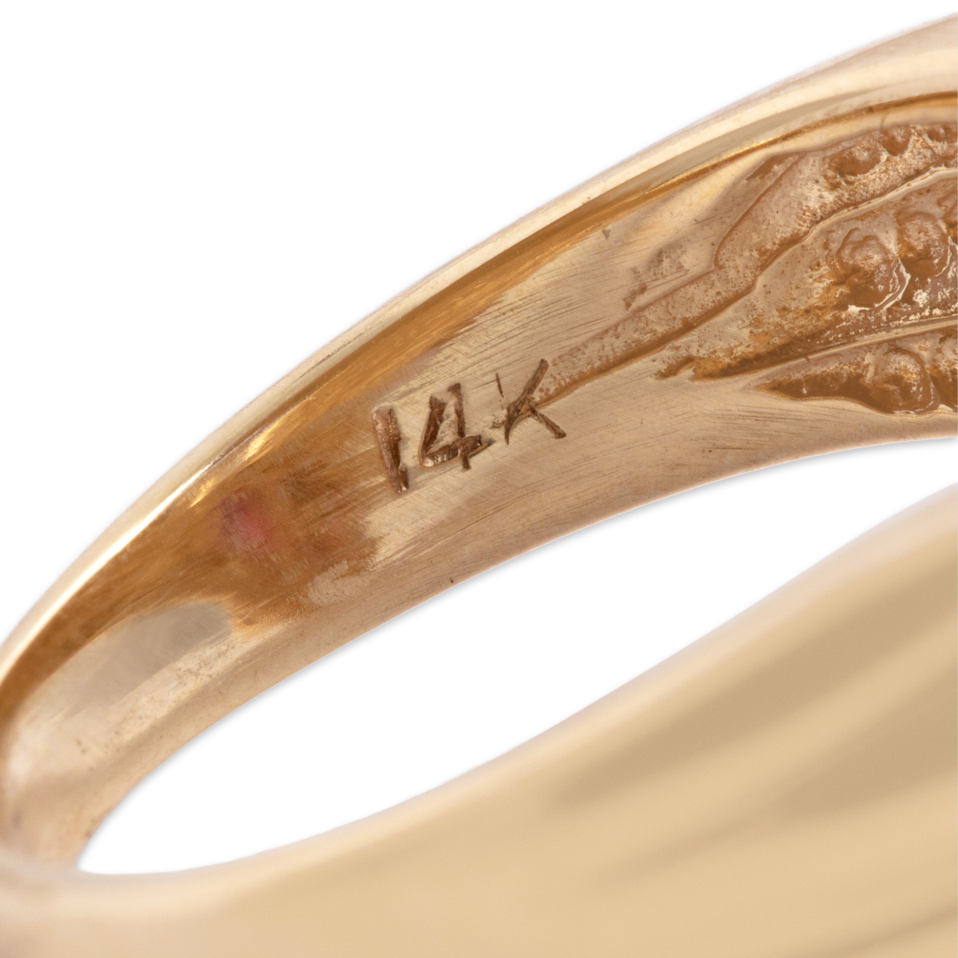 Vintage 14k Yellow Gold Diamond Ruby Superb Ribbed Shoulder Chevron Ring - Hallmark view