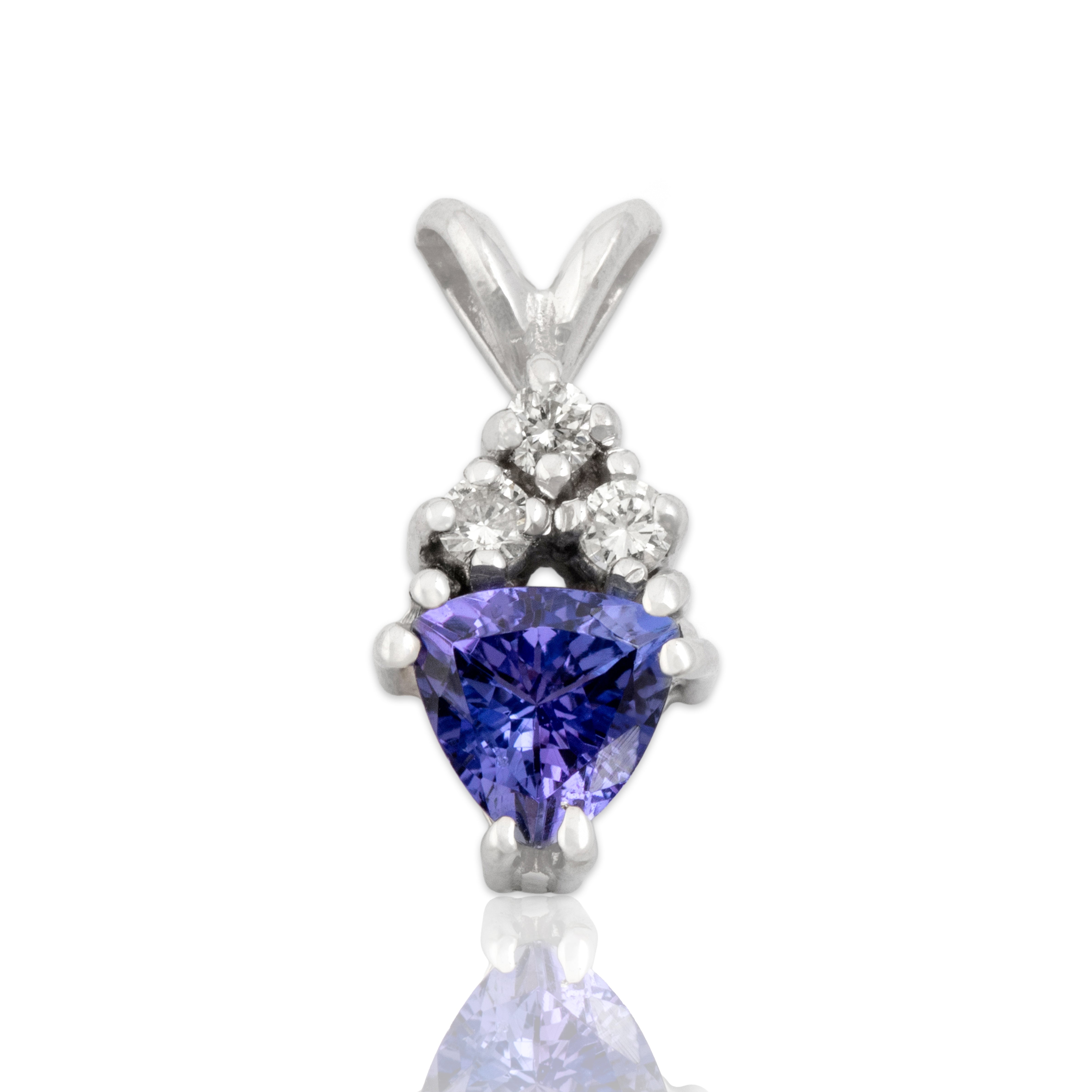 Vintage 14k White Gold .77ct Tanzanite Diamond Trio Accented Trilliant Pendant - Close-up view