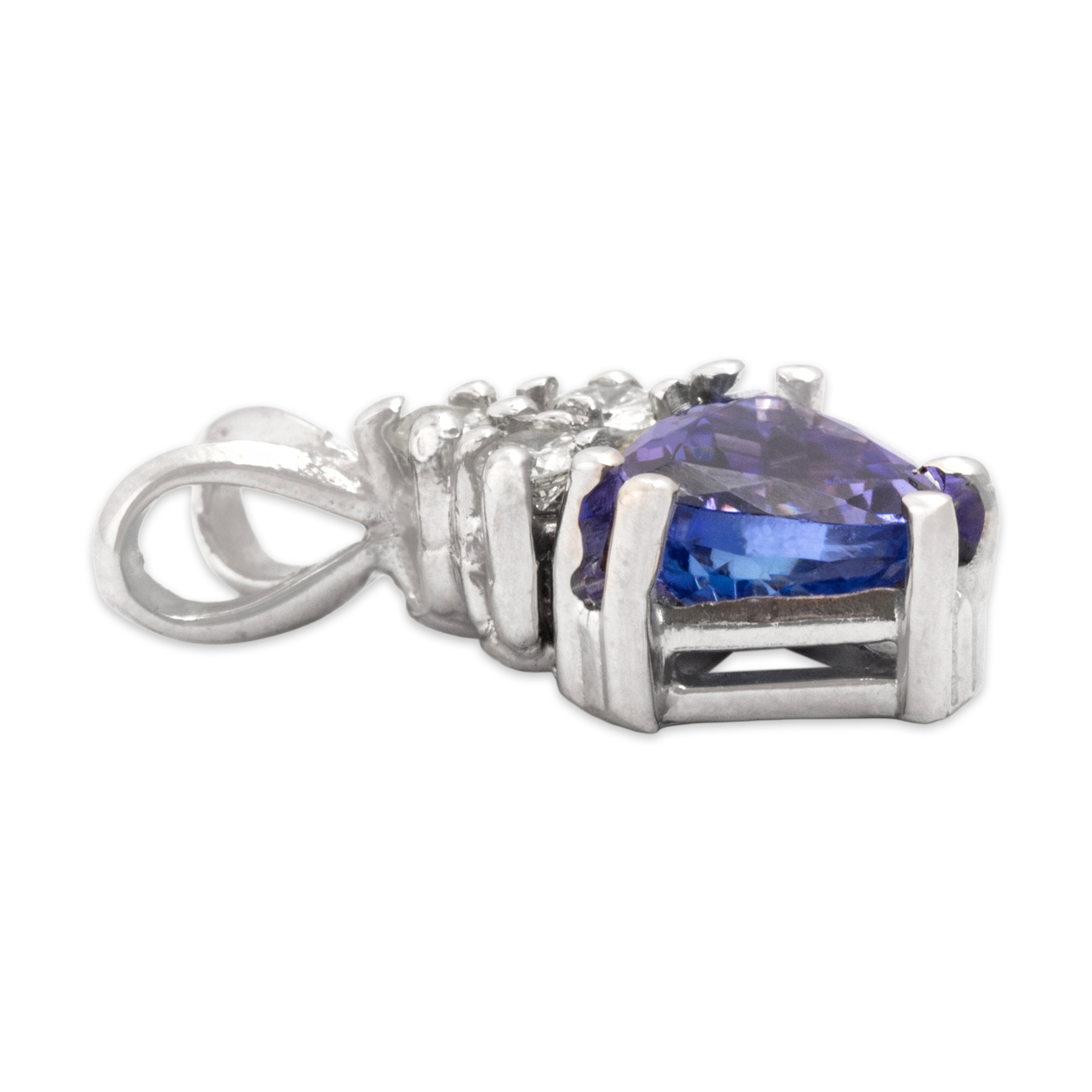 Vintage 14k White Gold .77ct Tanzanite Diamond Trio Accented Trilliant Pendant - Side view