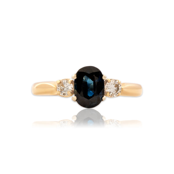 Vintage 14k Yellow Gold .99ct Blue Sapphire Diamond Sparkling Classic Ring 7.00